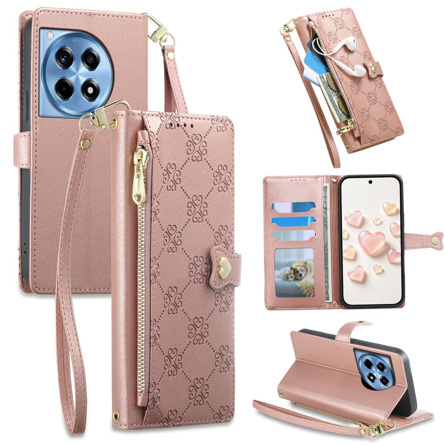 For OnePlus 12R / OnePlus Ace 3 Zipper Wallet Heart Buckle Vegan Leather Phone Case with Wrist Strap(Pink) - Shopkiz.com