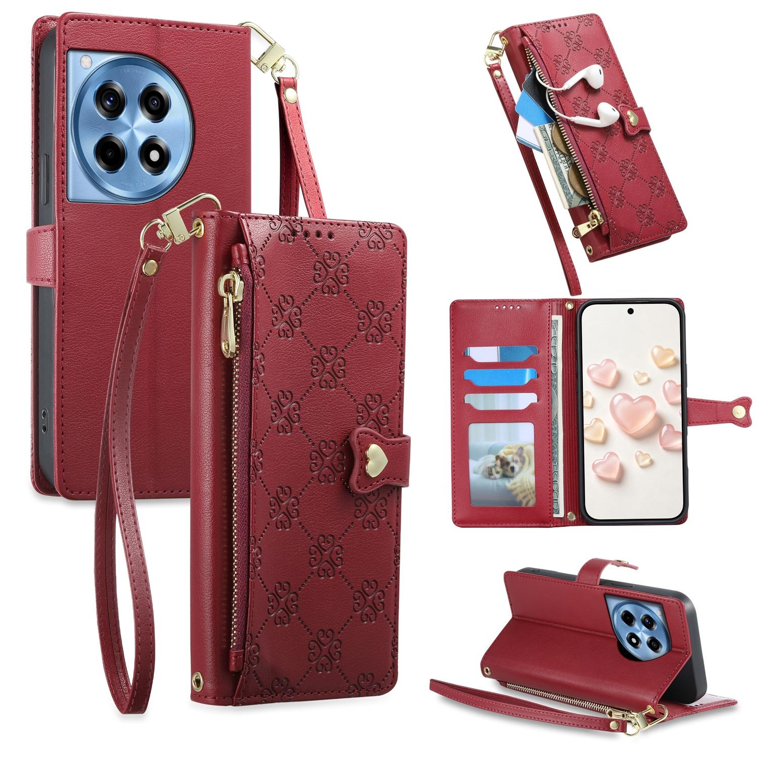 For OnePlus 12R / OnePlus Ace 3 Zipper Wallet Heart Buckle Vegan Leather Phone Case with Wrist Strap(Red) - Shopkiz.com