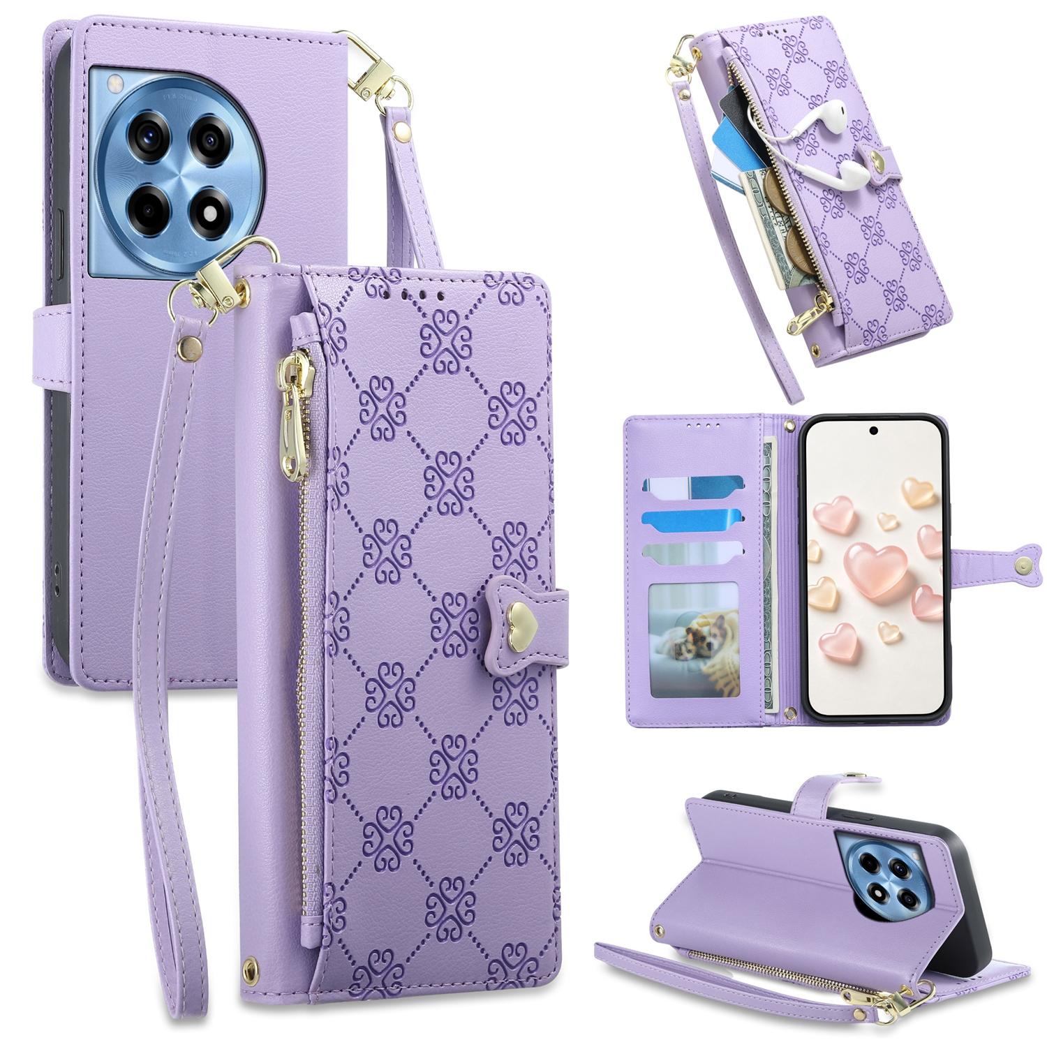 For OnePlus 12R / OnePlus Ace 3 Zipper Wallet Heart Buckle Vegan Leather Phone Case with Wrist Strap(Purple) - Shopkiz.com
