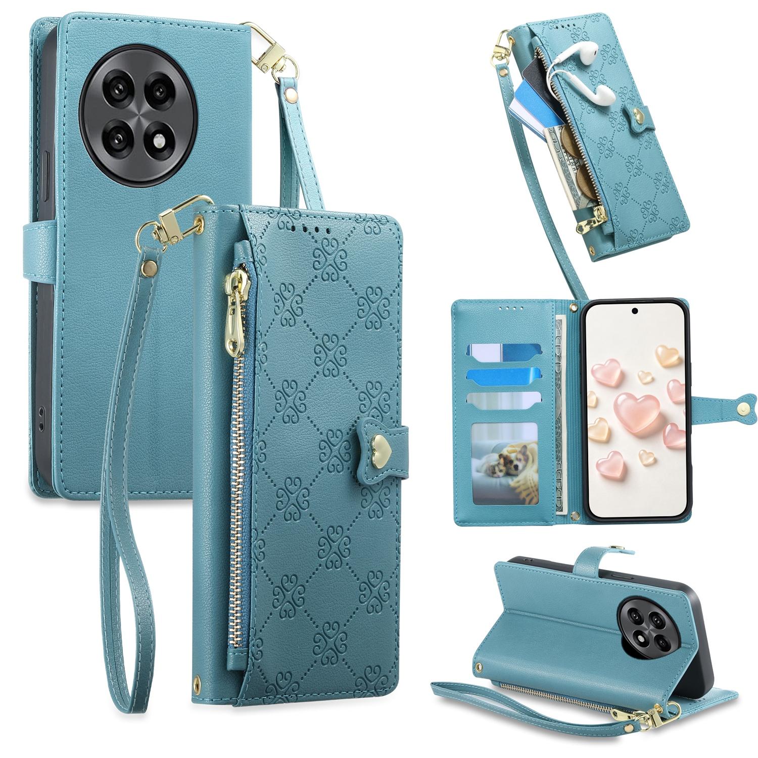 For OnePlus 13R / Ace 5 / Ace 5 Pro Zipper Wallet Heart Buckle Vegan Leather Phone Case with Wrist Strap(Lake Blue) - Shopkiz.com