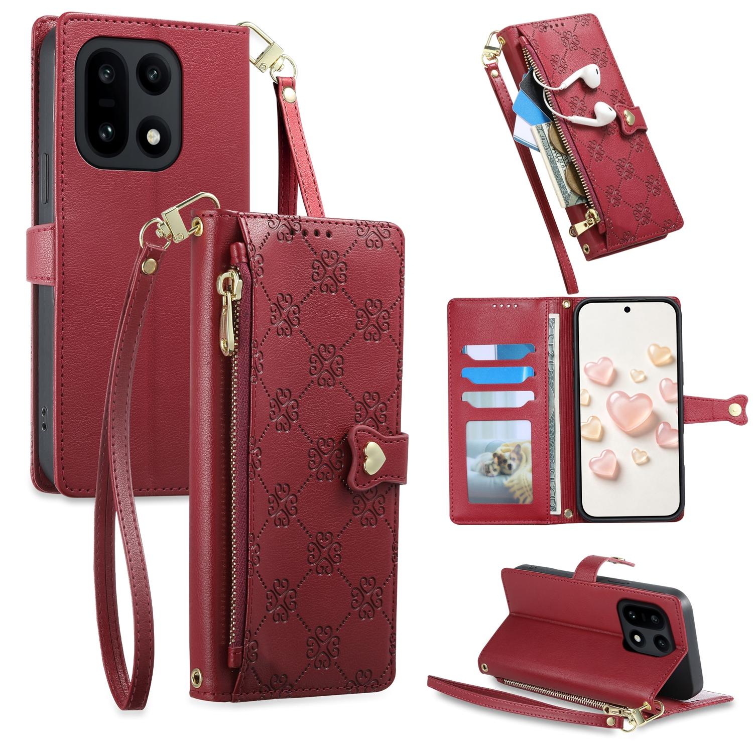 For OnePlus 15 Zipper Wallet Heart Buckle Vegan Leather Phone Case with Wrist Strap(Red) - Shopkiz.com