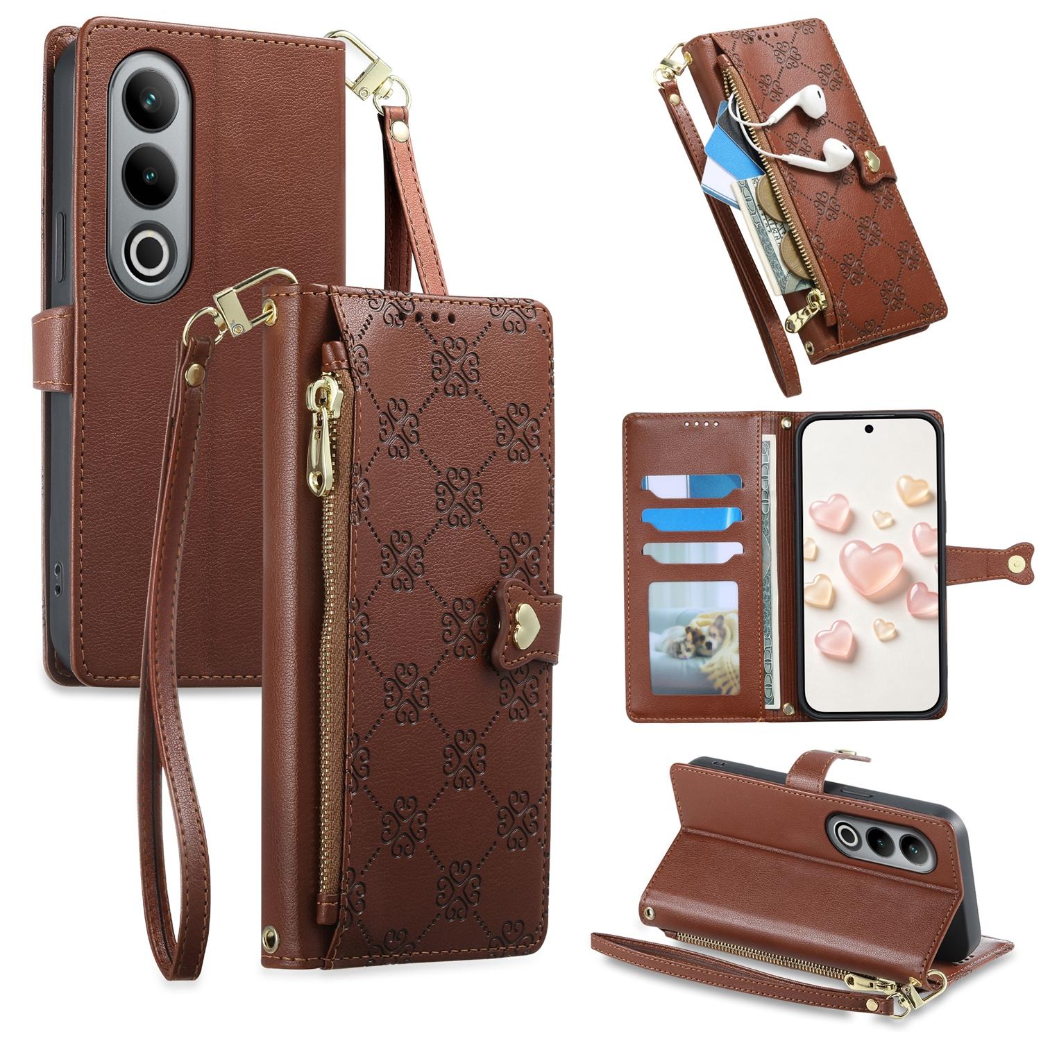 For OnePlus Ace 3V Zipper Wallet Heart Buckle Vegan Leather Phone Case with Wrist Strap(Brown) - Shopkiz.com