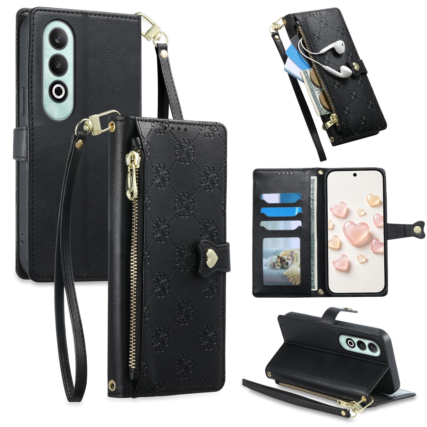 For OnePlus Nord CE4 Zipper Wallet Heart Buckle Vegan Leather Phone Case with Wrist Strap(Black) - Shopkiz.com