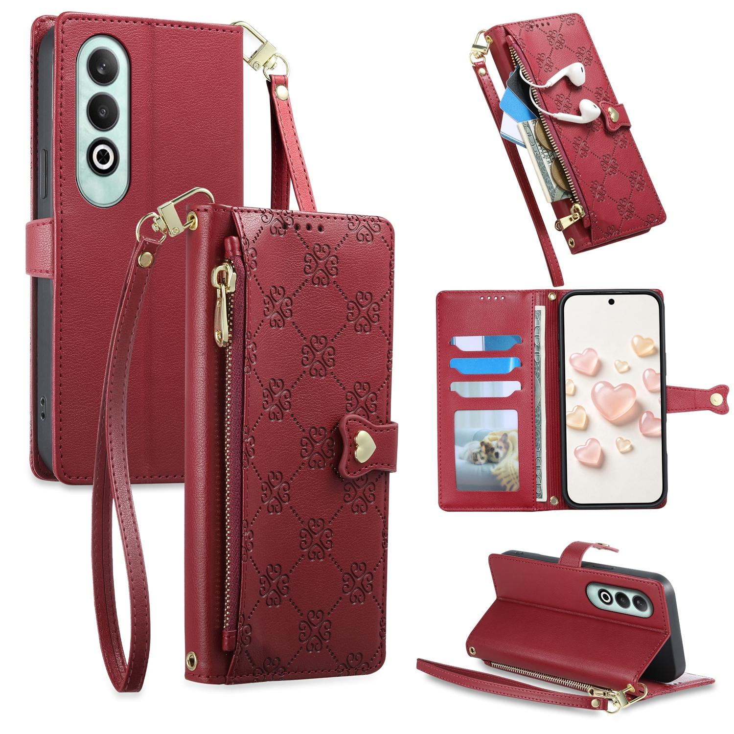 For OnePlus Nord CE4 Zipper Wallet Heart Buckle Vegan Leather Phone Case with Wrist Strap(Red) - Shopkiz.com