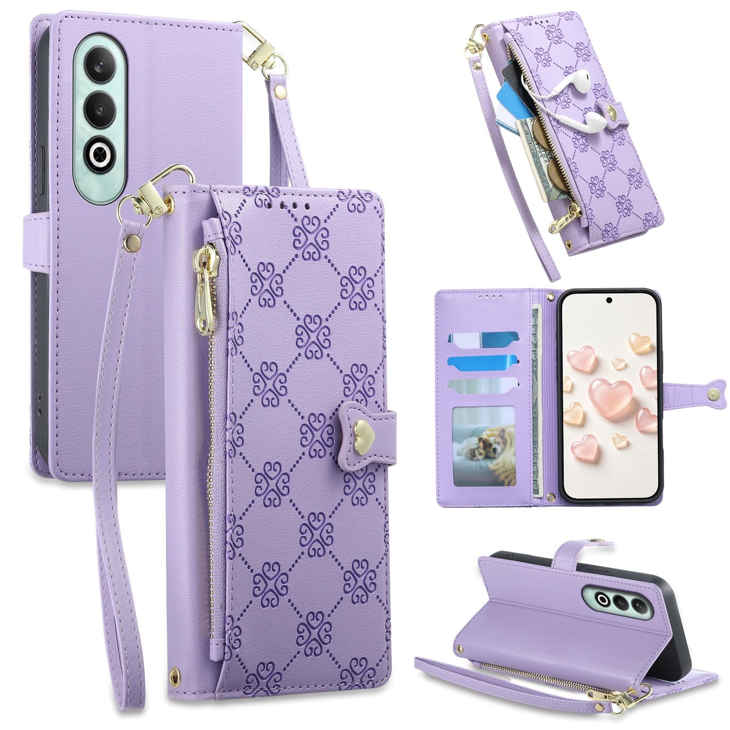 For OnePlus Nord CE4 Zipper Wallet Heart Buckle Vegan Leather Phone Case with Wrist Strap(Purple) - Shopkiz.com