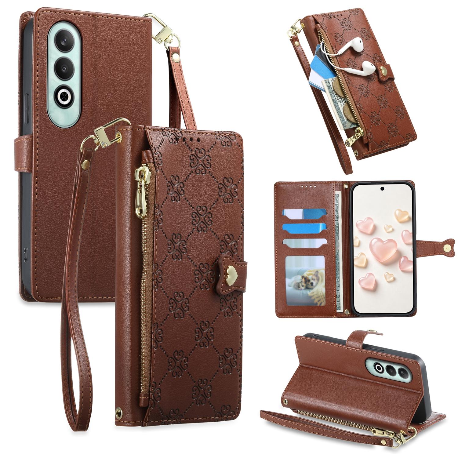 For OnePlus Nord CE4 Zipper Wallet Heart Buckle Vegan Leather Phone Case with Wrist Strap(Brown) - Shopkiz.com