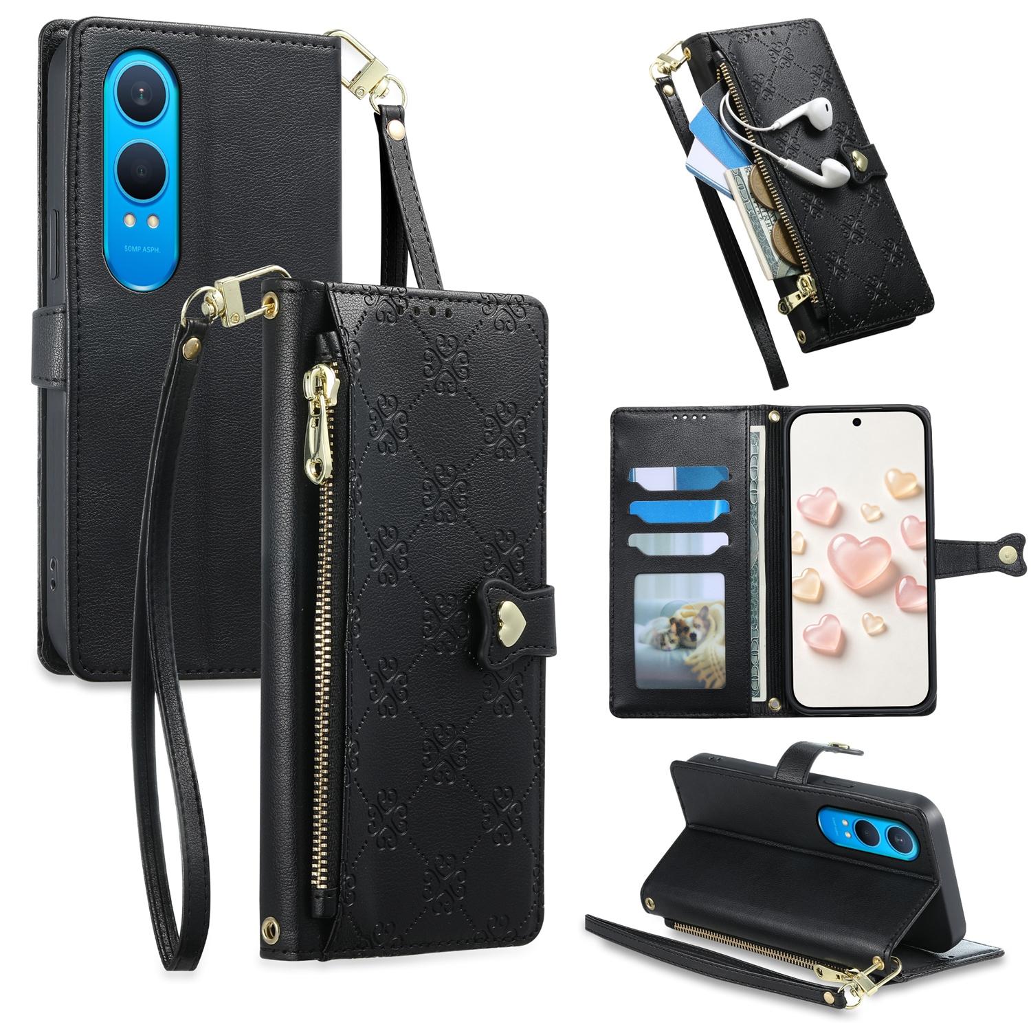 For OnePlus Nord CE4 Lite Zipper Wallet Heart Buckle Vegan Leather Phone Case with Wrist Strap(Black) - Shopkiz.com