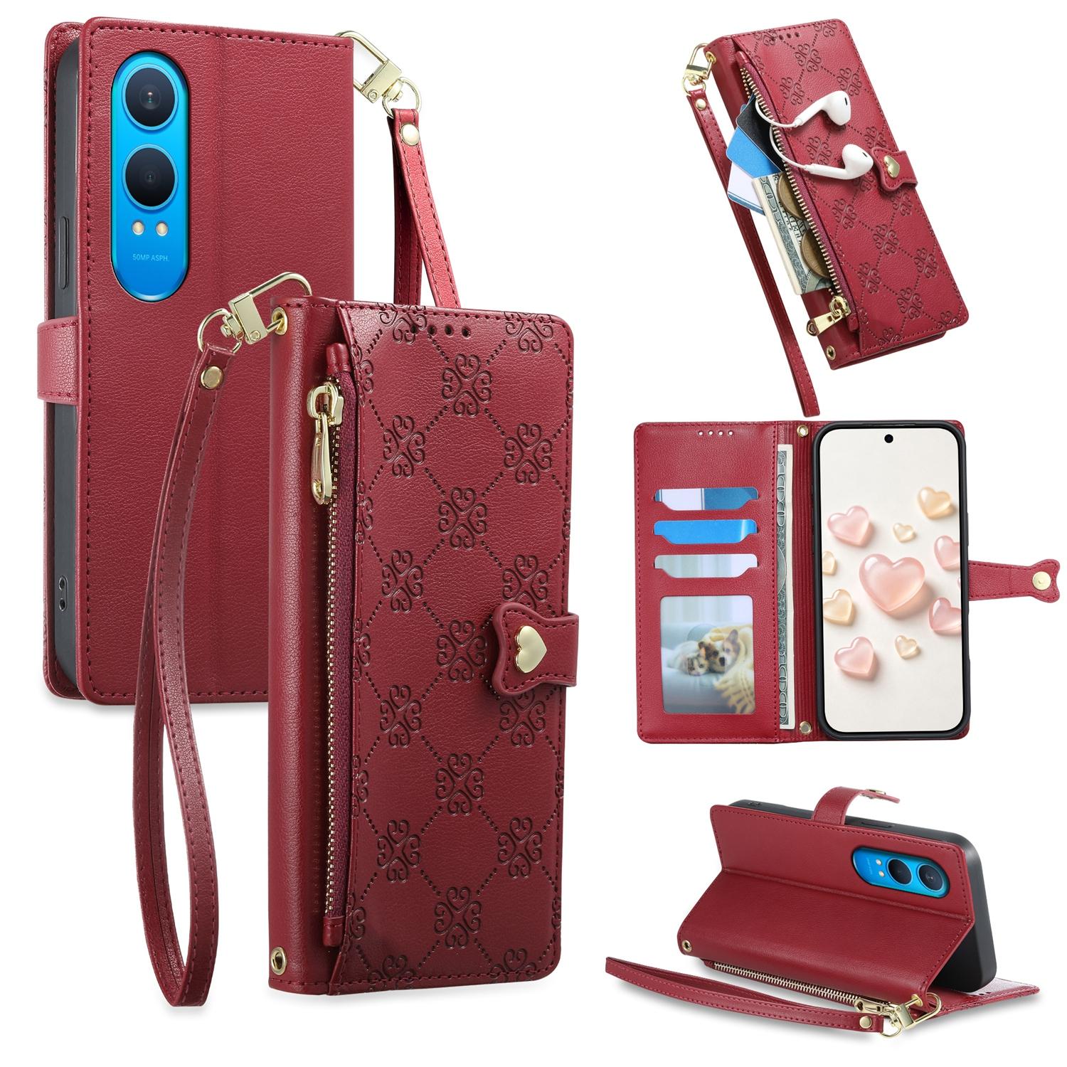For OnePlus Nord CE4 Lite Zipper Wallet Heart Buckle Vegan Leather Phone Case with Wrist Strap(Red) - Shopkiz.com