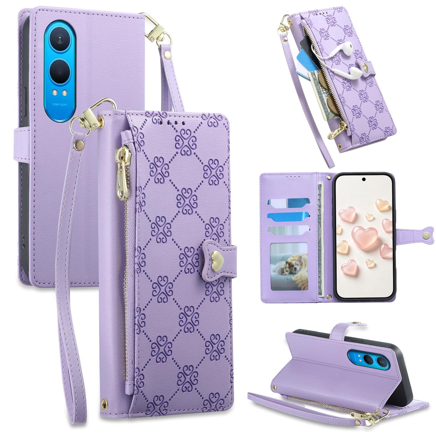For OnePlus Nord CE4 Lite Zipper Wallet Heart Buckle Vegan Leather Phone Case with Wrist Strap(Purple) - Shopkiz.com