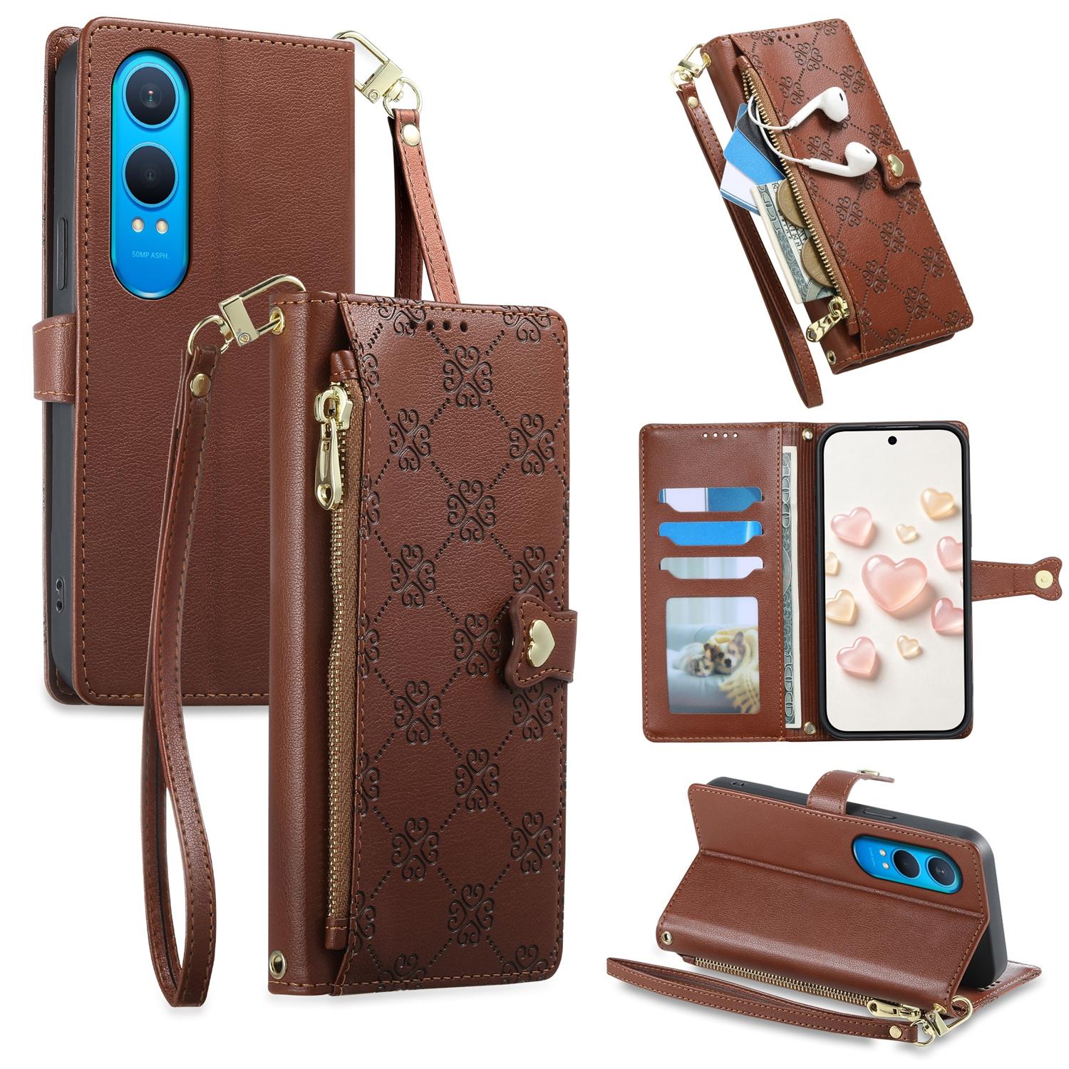 For OnePlus Nord CE4 Lite Zipper Wallet Heart Buckle Vegan Leather Phone Case with Wrist Strap(Brown) - Shopkiz.com