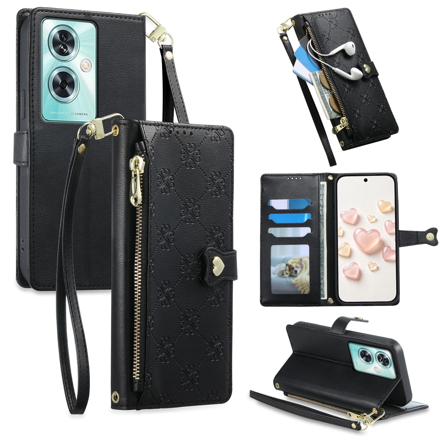 For OnePlus Nord N30 SE Zipper Wallet Heart Buckle Vegan Leather Phone Case with Wrist Strap(Black) - Shopkiz.com