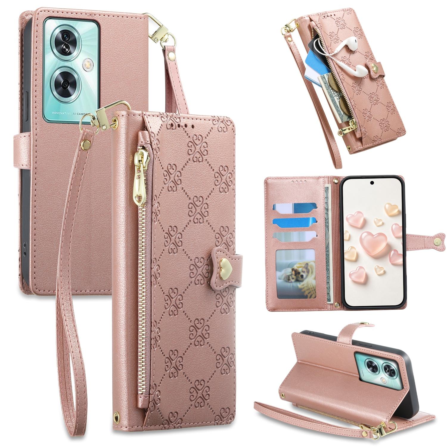 For OnePlus Nord N30 SE Zipper Wallet Heart Buckle Vegan Leather Phone Case with Wrist Strap(Pink) - Shopkiz.com