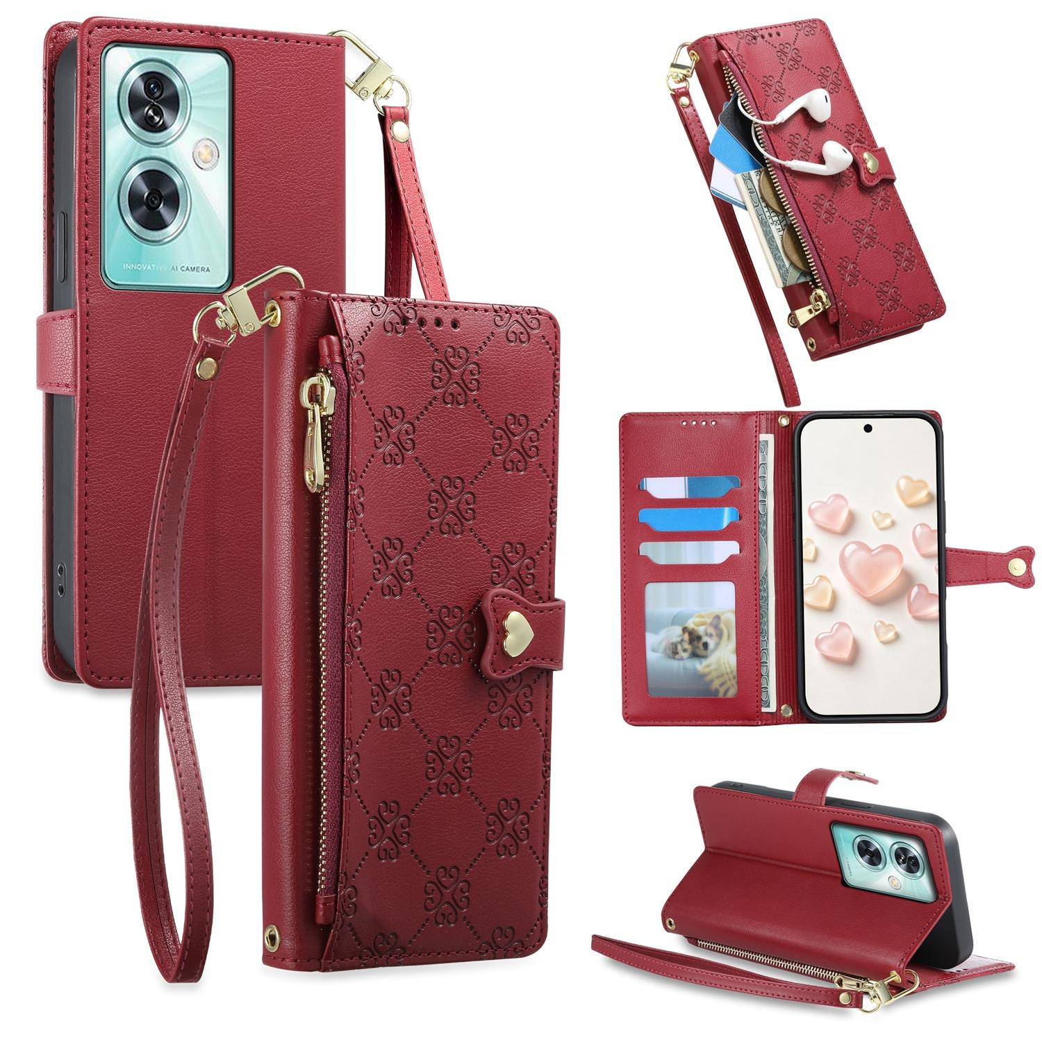 For OnePlus Nord N30 SE Zipper Wallet Heart Buckle Vegan Leather Phone Case with Wrist Strap(Red) - Shopkiz.com