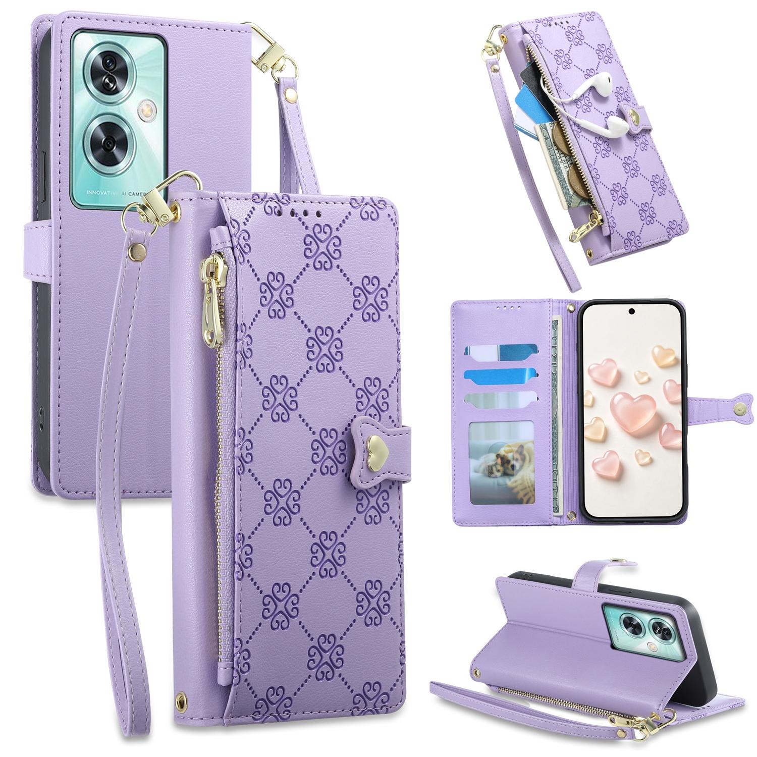 For OnePlus Nord N30 SE Zipper Wallet Heart Buckle Vegan Leather Phone Case with Wrist Strap(Purple) - Shopkiz.com