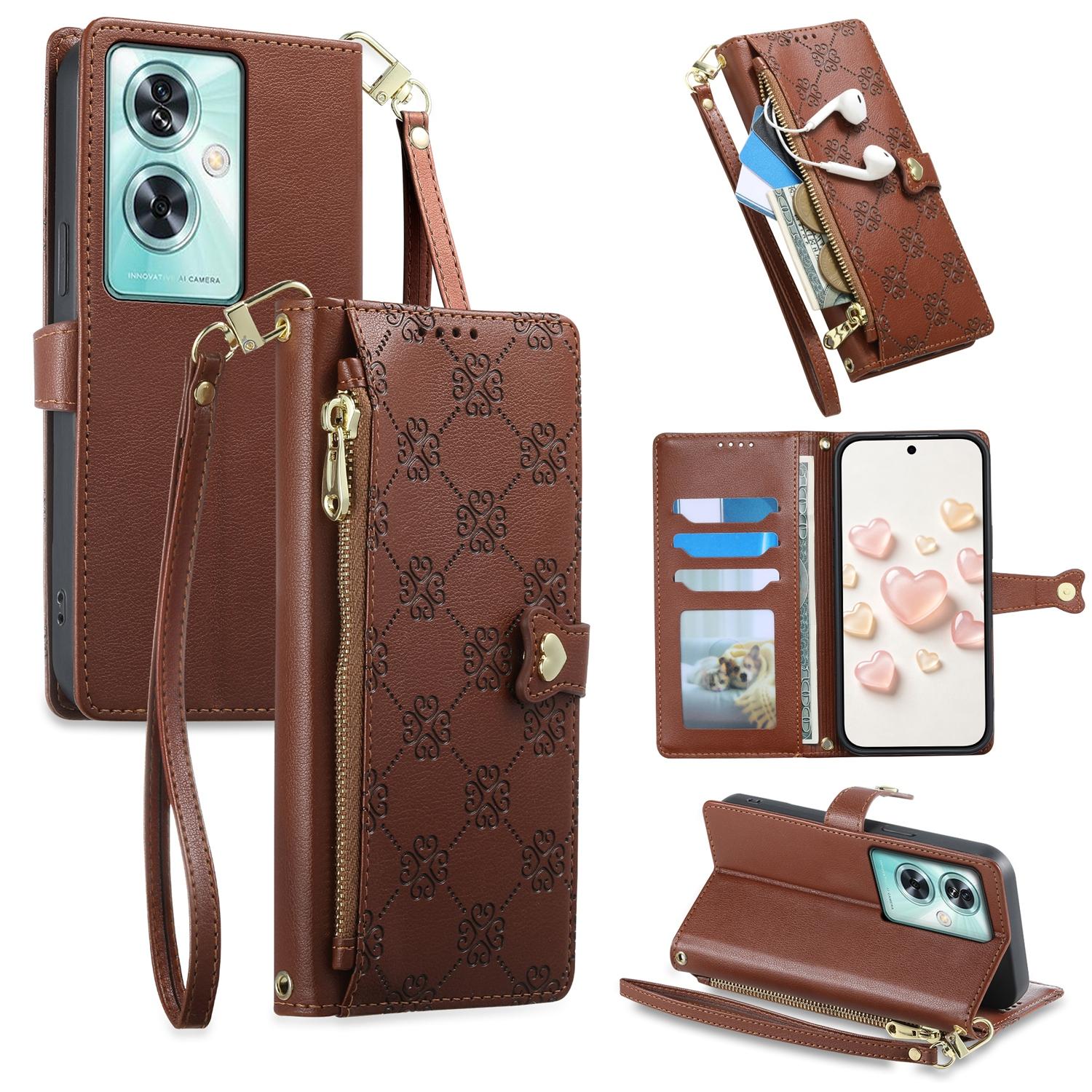For OnePlus Nord N30 SE Zipper Wallet Heart Buckle Vegan Leather Phone Case with Wrist Strap(Brown) - Shopkiz.com