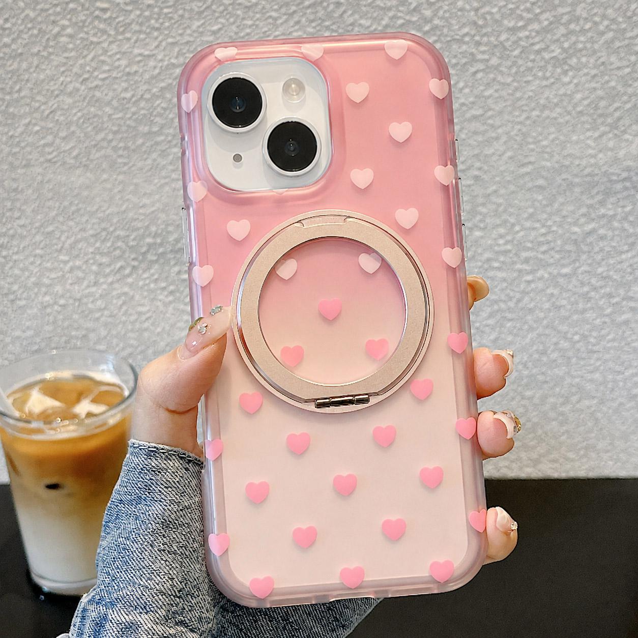 For iPhone 15 Double-sided Gradient Heart 360 Degree Magnetic Holder Phone Case(Pink) - Shopkiz.com