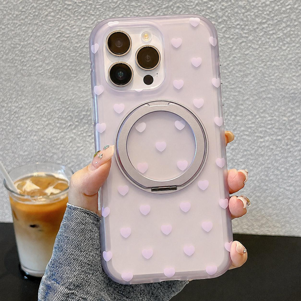 For iPhone 15 Pro Max Double-sided Gradient Heart 360 Degree Magnetic Holder Phone Case(Purple) - Shopkiz.com