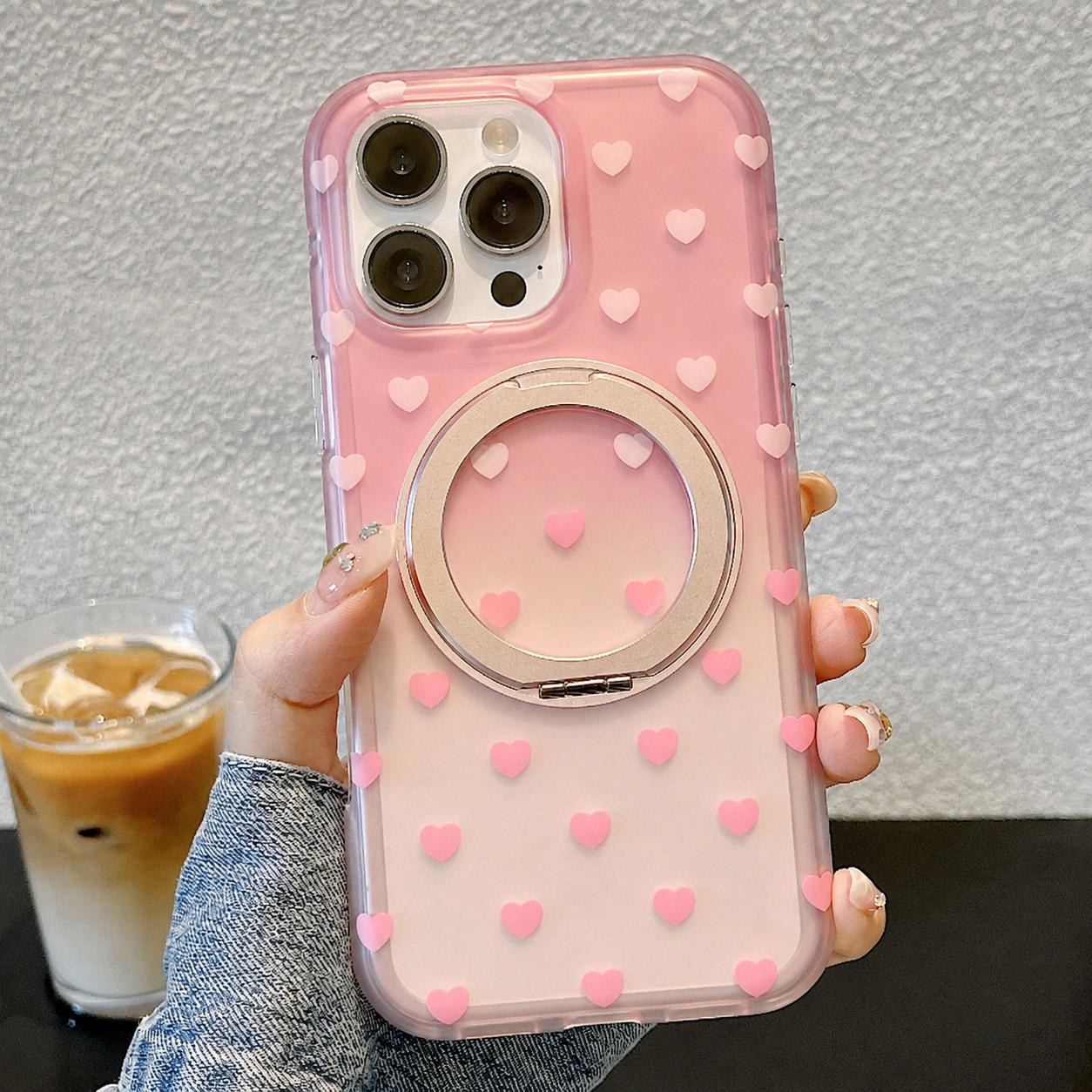 For iPhone 15 Pro Max Double-sided Gradient Heart 360 Degree Magnetic Holder Phone Case(Pink) - Shopkiz.com