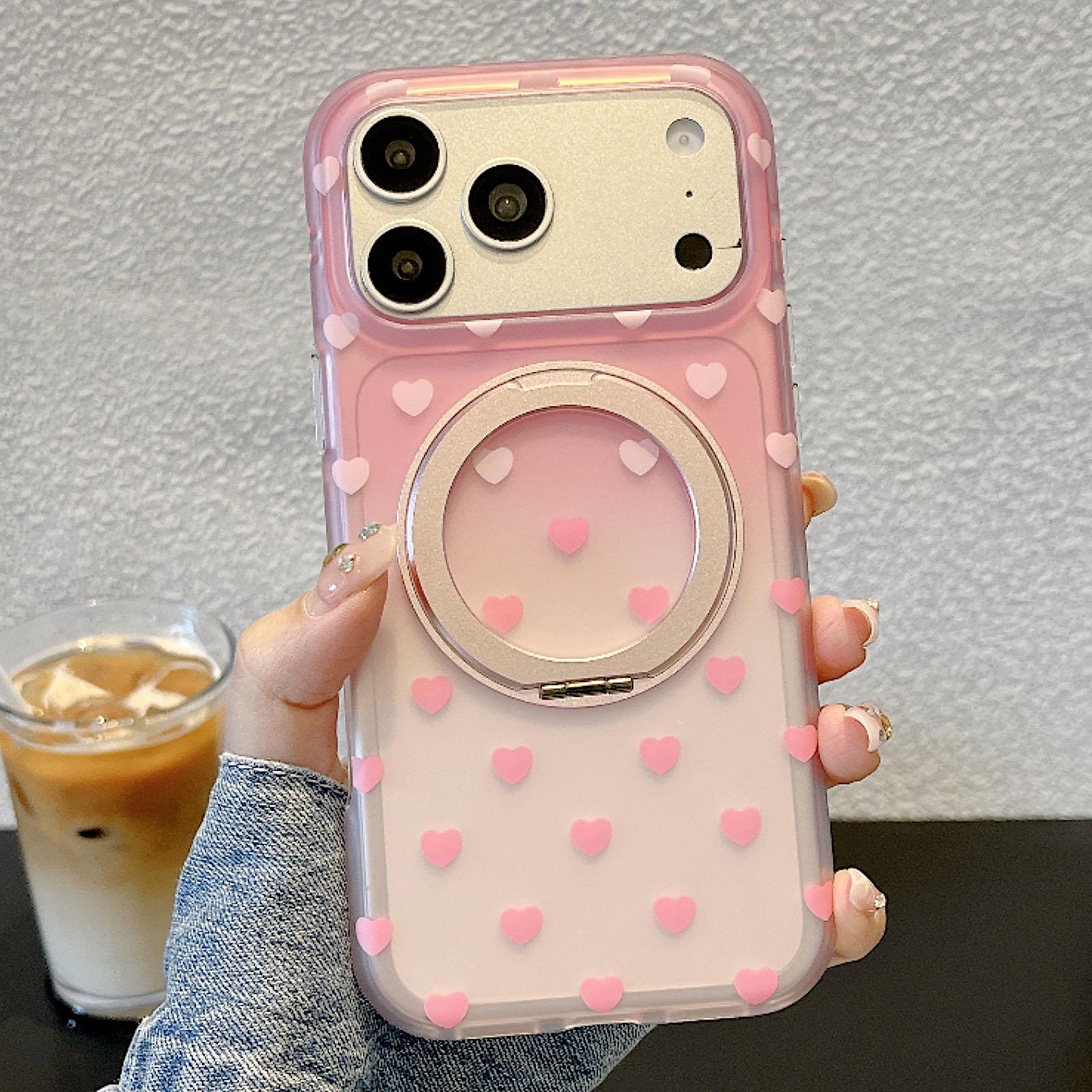 For iPhone 17 Pro Double-sided Gradient Heart 360 Degree Magnetic Holder Phone Case(Pink) - Shopkiz.com