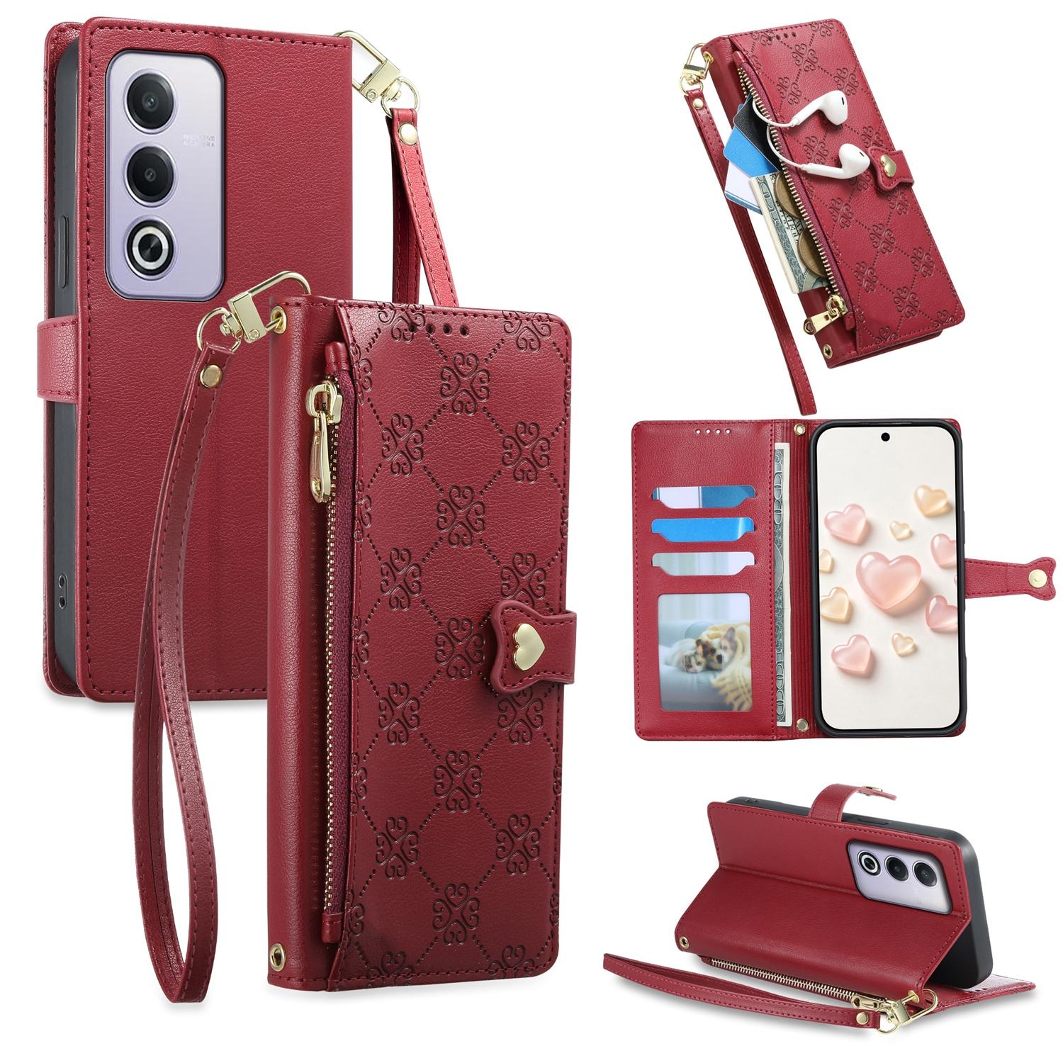 For OPPO A3 Pro 5G / A5 5G / A80 5G / K12x Zipper Wallet Heart Buckle Vegan Leather Phone Case with Wrist Strap(Red) - Shopkiz.com