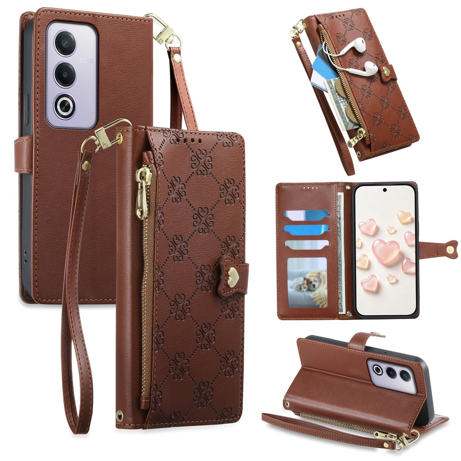 For OPPO A3 Pro 5G / A5 5G / A80 5G / K12x Zipper Wallet Heart Buckle Vegan Leather Phone Case with Wrist Strap(Brown) - Shopkiz.com