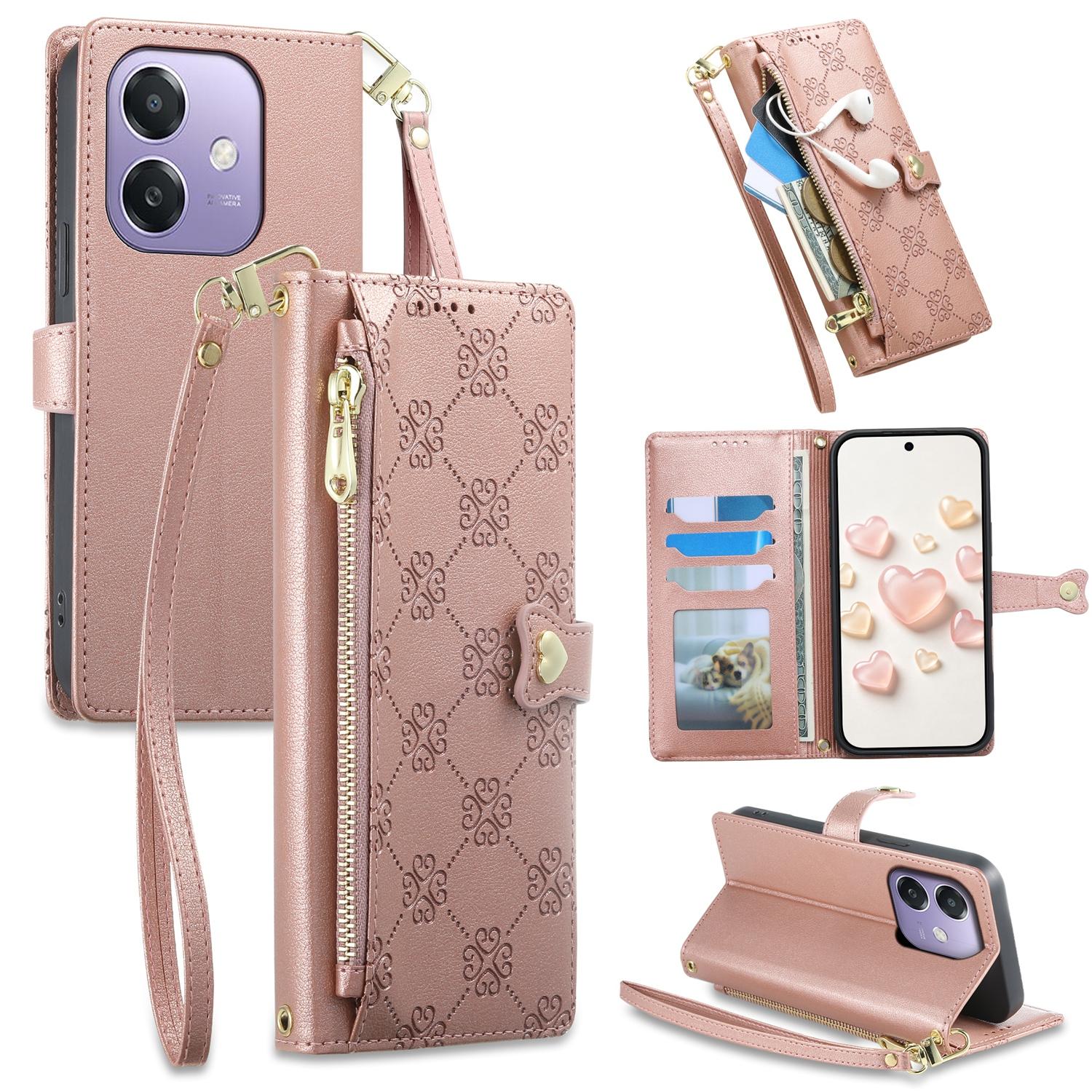 For OPPO A3 / A3x / A5x / A60 5G Zipper Wallet Heart Buckle Vegan Leather Phone Case with Wrist Strap(Pink) - Shopkiz.com