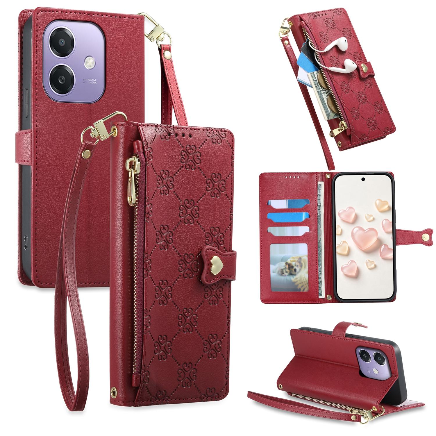 For OPPO A3 / A3x / A5x / A60 5G Zipper Wallet Heart Buckle Vegan Leather Phone Case with Wrist Strap(Red) - Shopkiz.com