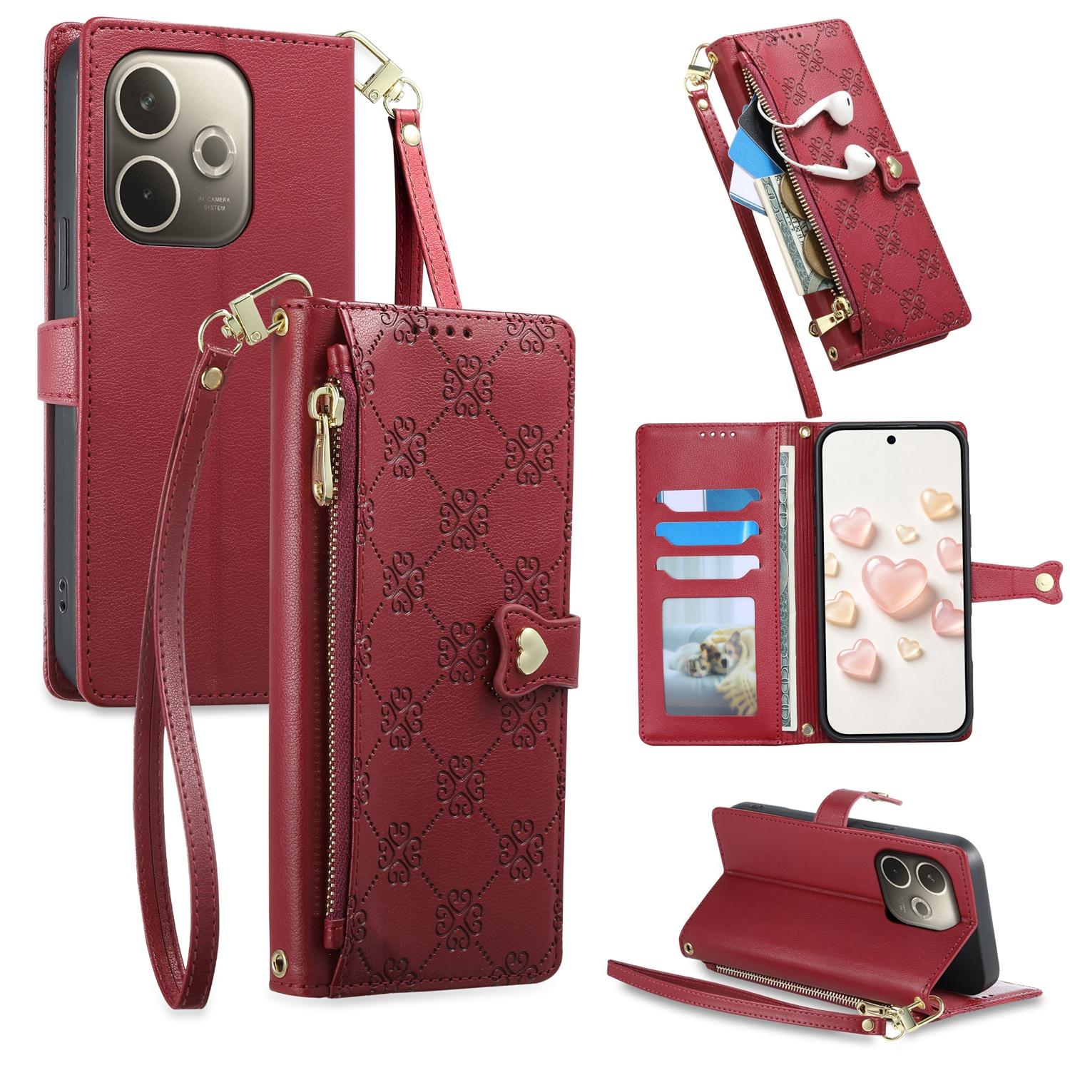 For OPPO A5 Pro 4G / 5G Zipper Wallet Heart Buckle Vegan Leather Phone Case with Wrist Strap(Red) - Shopkiz.com