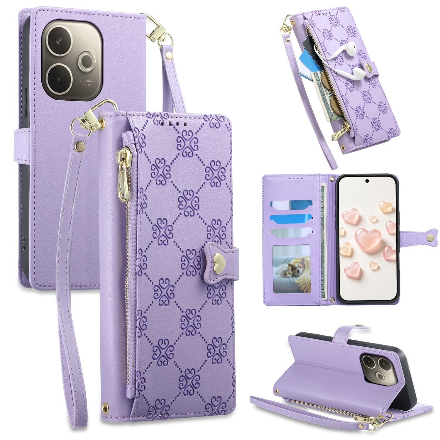 For OPPO A5 Pro 4G / 5G Zipper Wallet Heart Buckle Vegan Leather Phone Case with Wrist Strap(Purple) - Shopkiz.com