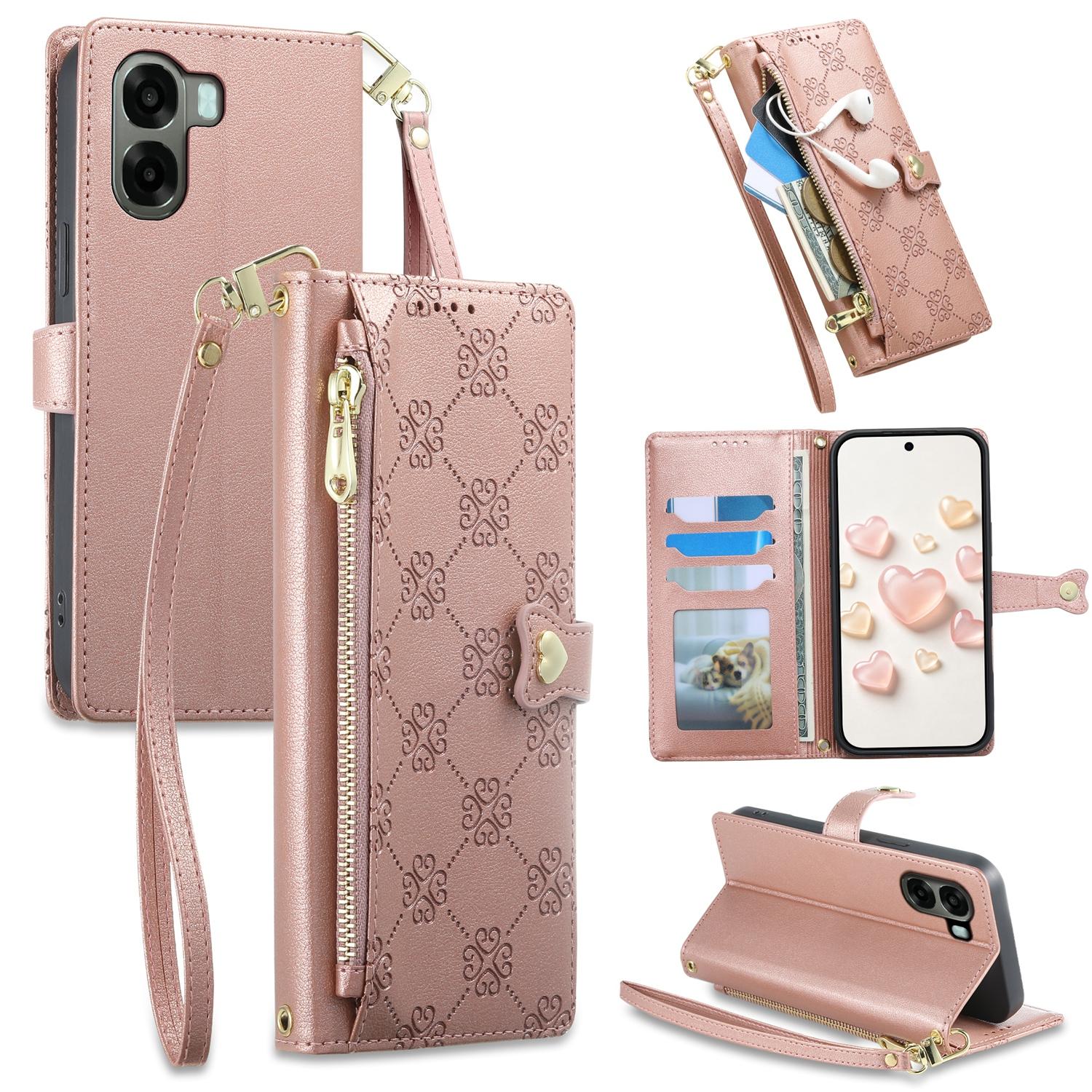 For OPPO A6 5G / OPPO A6x 5G Zipper Wallet Heart Buckle Vegan Leather Phone Case with Wrist Strap(Pink) - Shopkiz.com