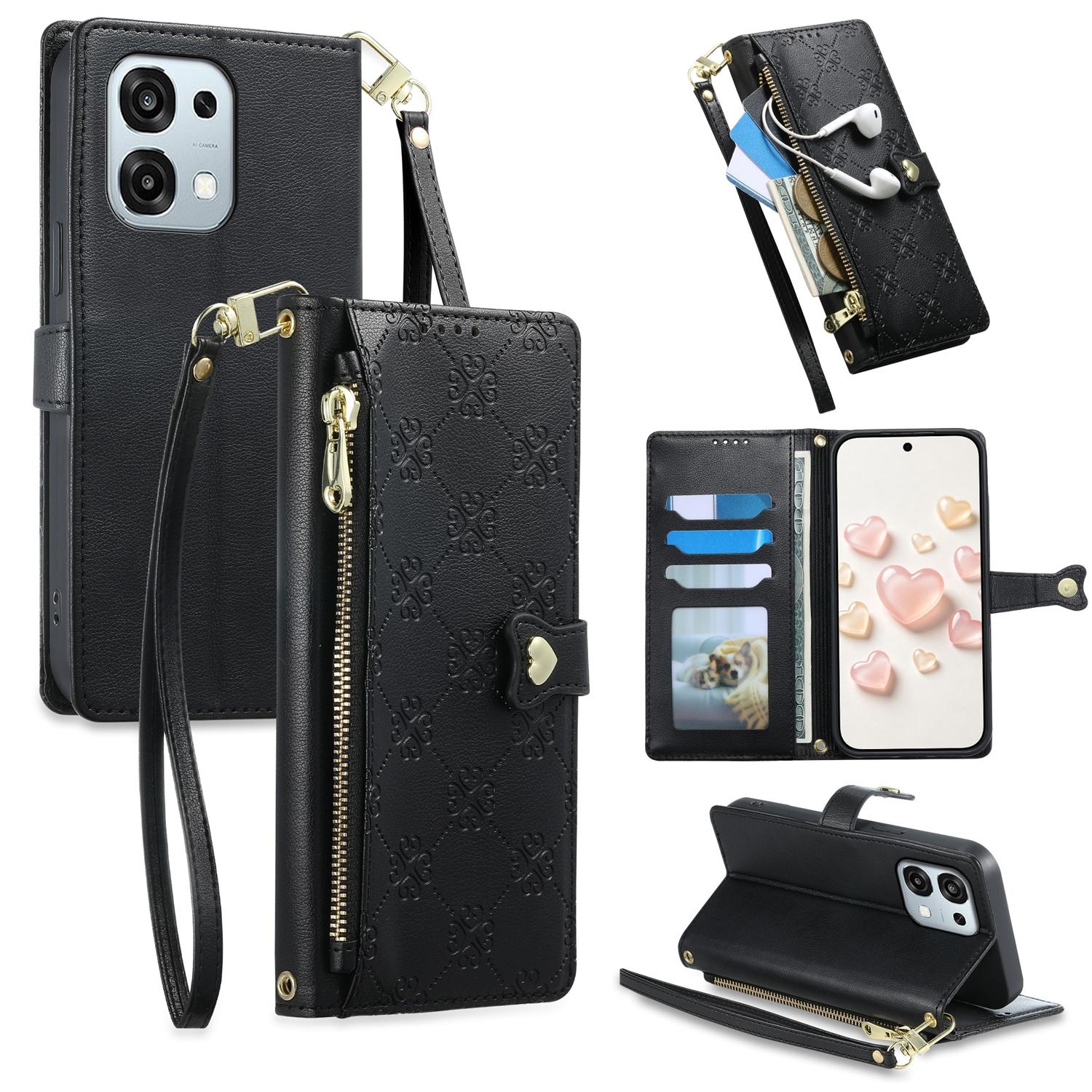 For OPPO A6 Pro 5G Global / OPPO F31 5G Zipper Wallet Heart Buckle Vegan Leather Phone Case with Wrist Strap(Black) - Shopkiz.com