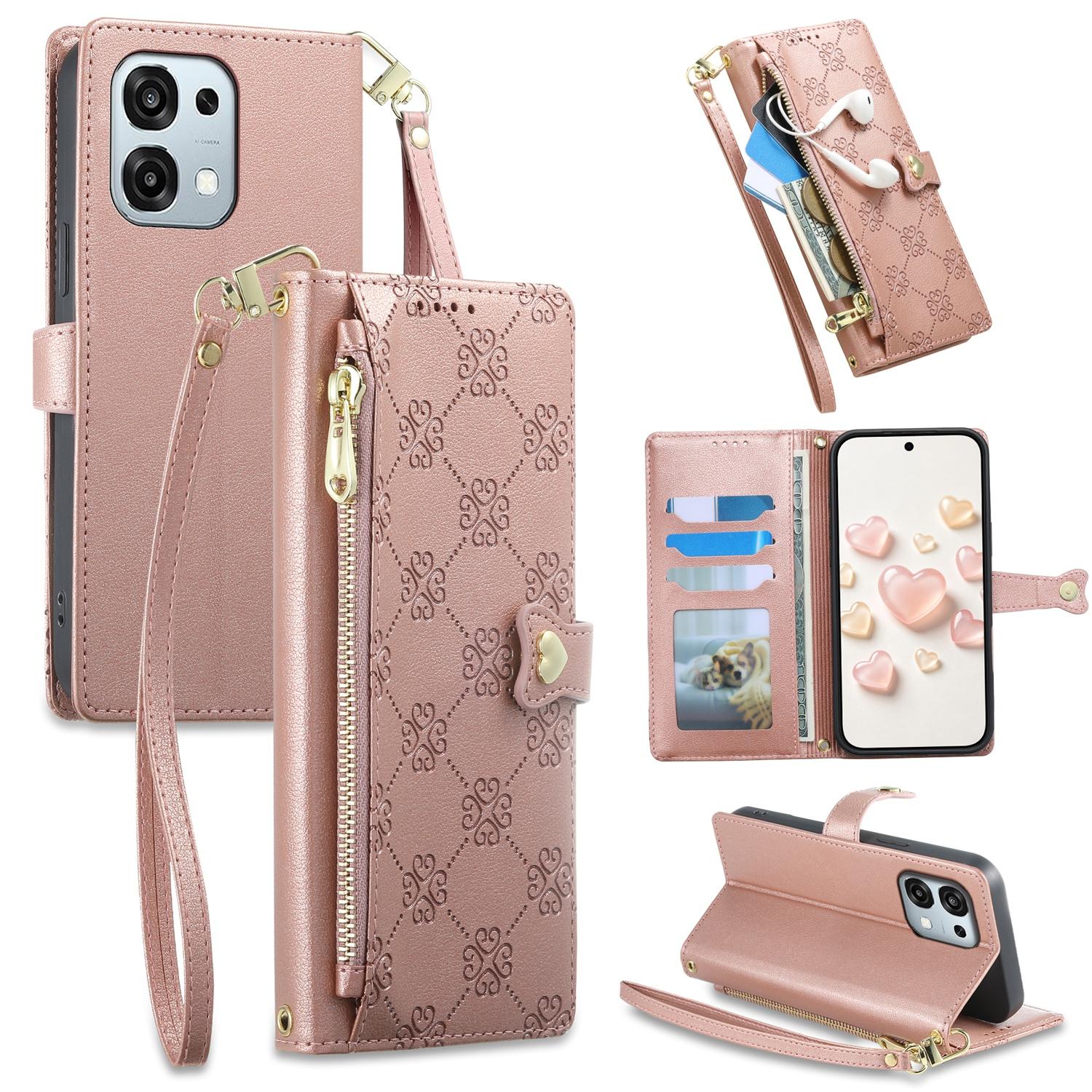 For OPPO A6 Pro 5G Global / OPPO F31 5G Zipper Wallet Heart Buckle Vegan Leather Phone Case with Wrist Strap(Pink) - Shopkiz.com