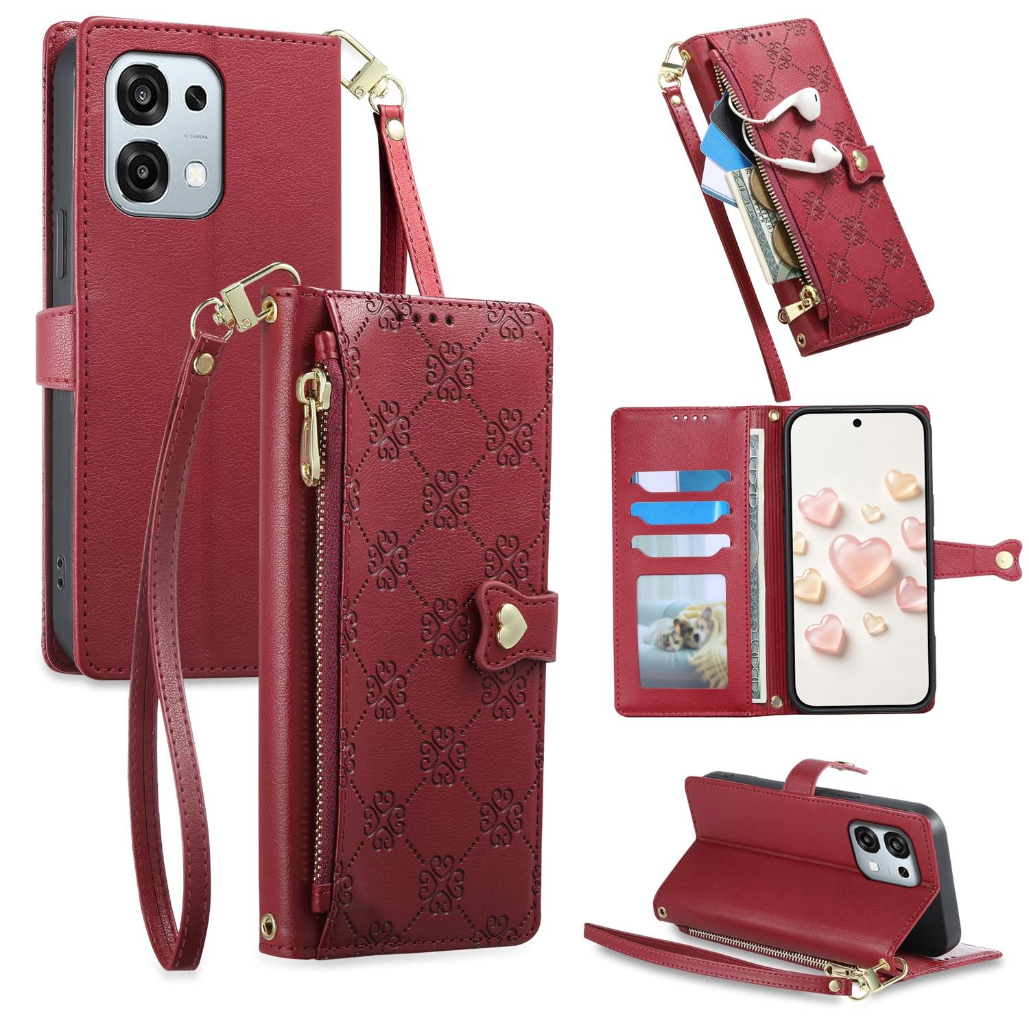 For OPPO A6 Pro 5G Global / OPPO F31 5G Zipper Wallet Heart Buckle Vegan Leather Phone Case with Wrist Strap(Red) - Shopkiz.com