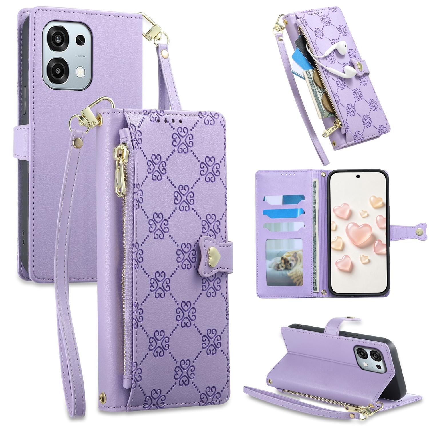 For OPPO A6 Pro 5G Global / OPPO F31 5G Zipper Wallet Heart Buckle Vegan Leather Phone Case with Wrist Strap(Purple) - Shopkiz.com