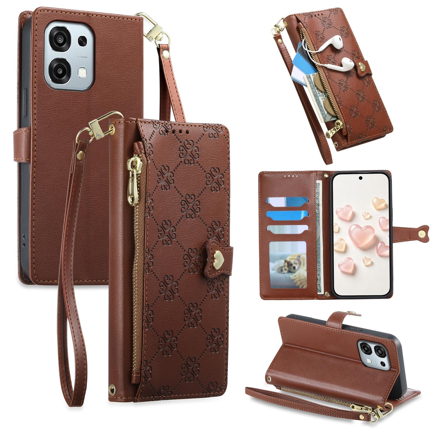 For OPPO A6 Pro 5G Global / OPPO F31 5G Zipper Wallet Heart Buckle Vegan Leather Phone Case with Wrist Strap(Brown) - Shopkiz.com