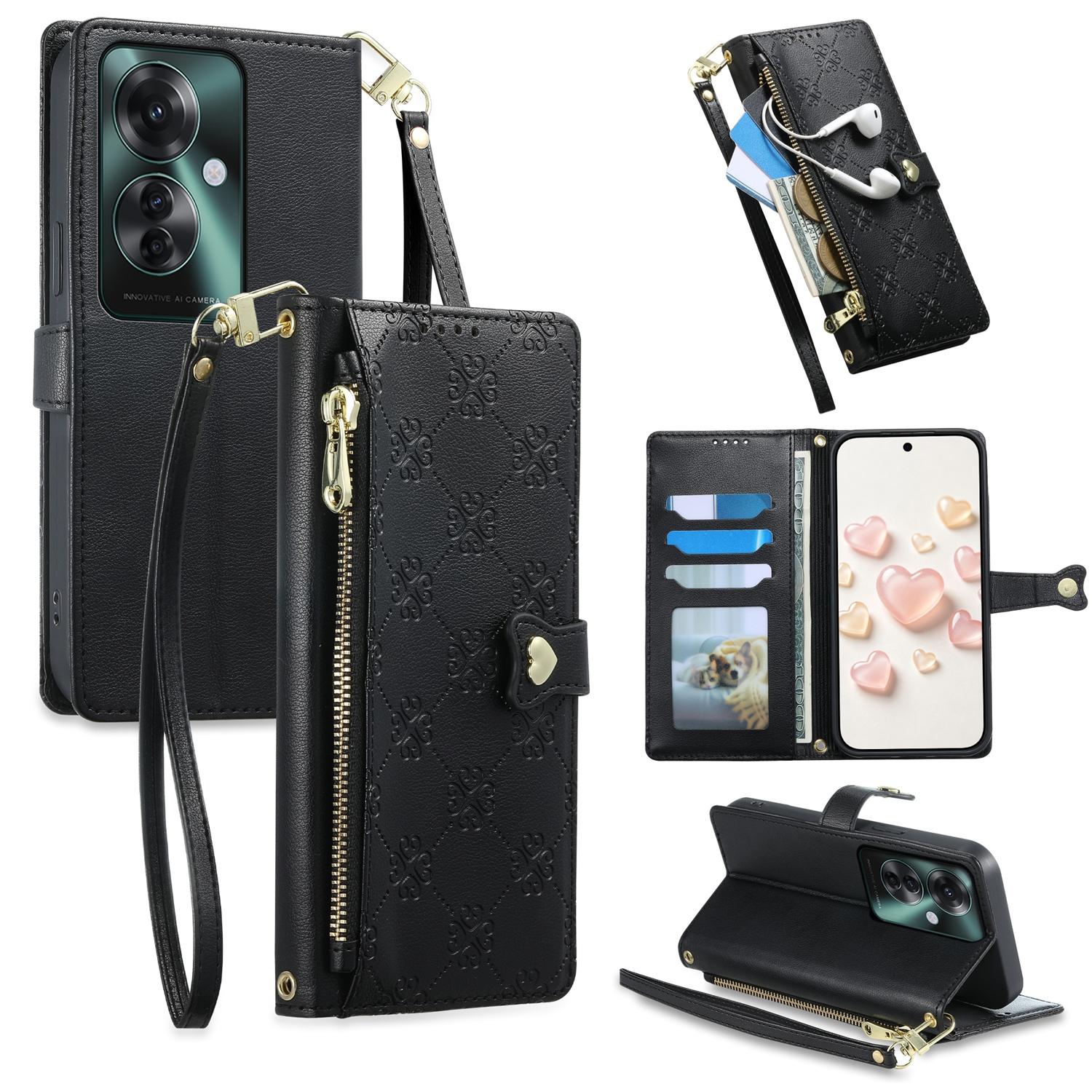 For OPPO Reno11 F / OPPO F25 Pro Zipper Wallet Heart Buckle Vegan Leather Phone Case with Wrist Strap(Black) - Shopkiz.com