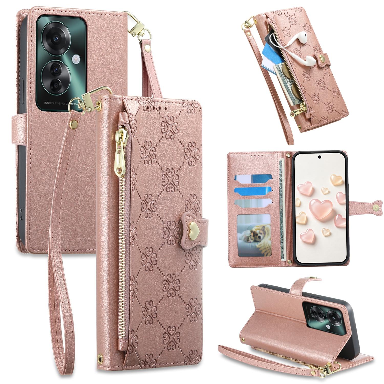 For OPPO Reno11 F / OPPO F25 Pro Zipper Wallet Heart Buckle Vegan Leather Phone Case with Wrist Strap(Pink) - Shopkiz.com