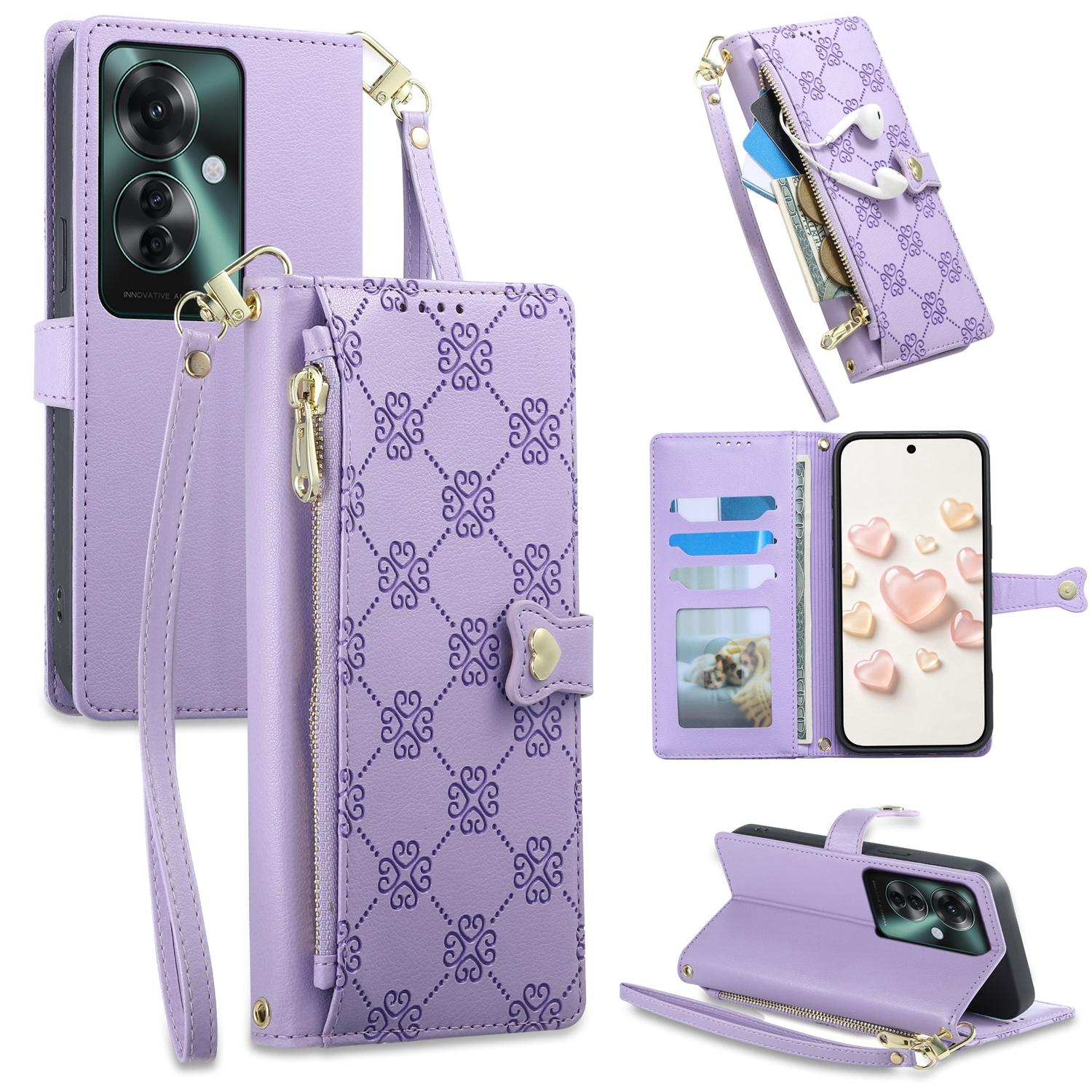 For OPPO Reno11 F / OPPO F25 Pro Zipper Wallet Heart Buckle Vegan Leather Phone Case with Wrist Strap(Purple) - Shopkiz.com