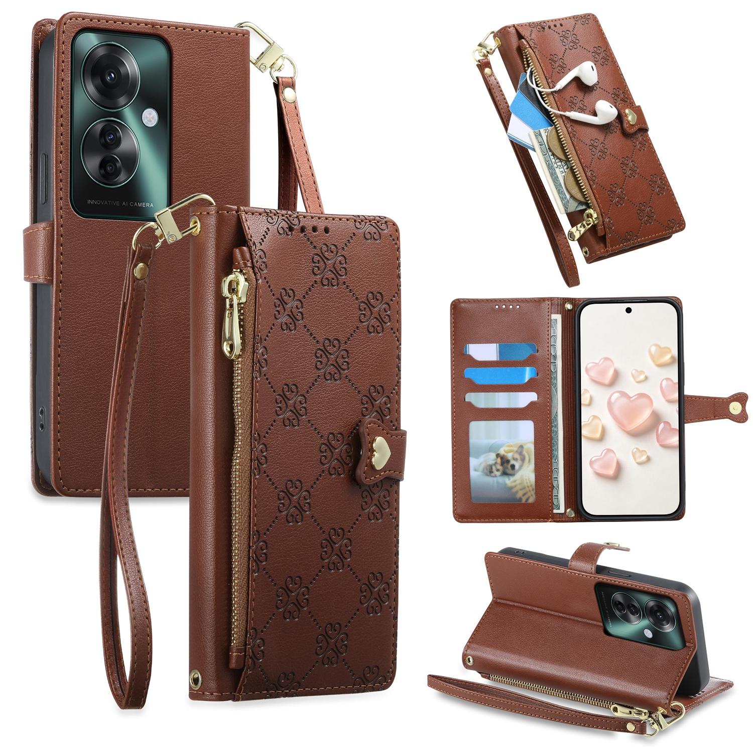 For OPPO Reno11 F / OPPO F25 Pro Zipper Wallet Heart Buckle Vegan Leather Phone Case with Wrist Strap(Brown) - Shopkiz.com