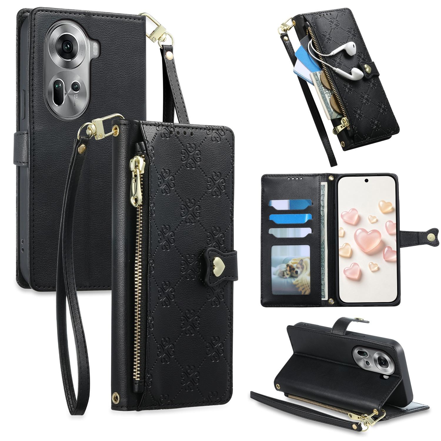 For OPPO Reno11 Global Zipper Wallet Heart Buckle Vegan Leather Phone Case with Wrist Strap(Black) - Shopkiz.com