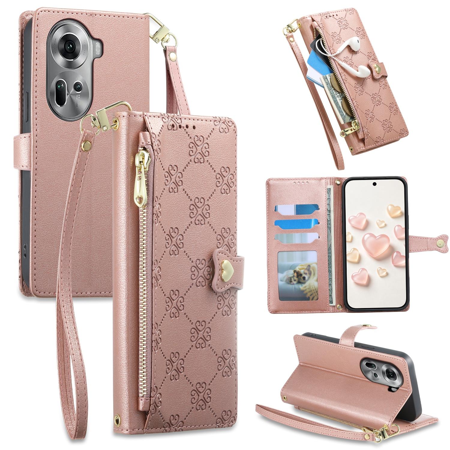 For OPPO Reno11 Global Zipper Wallet Heart Buckle Vegan Leather Phone Case with Wrist Strap(Pink) - Shopkiz.com