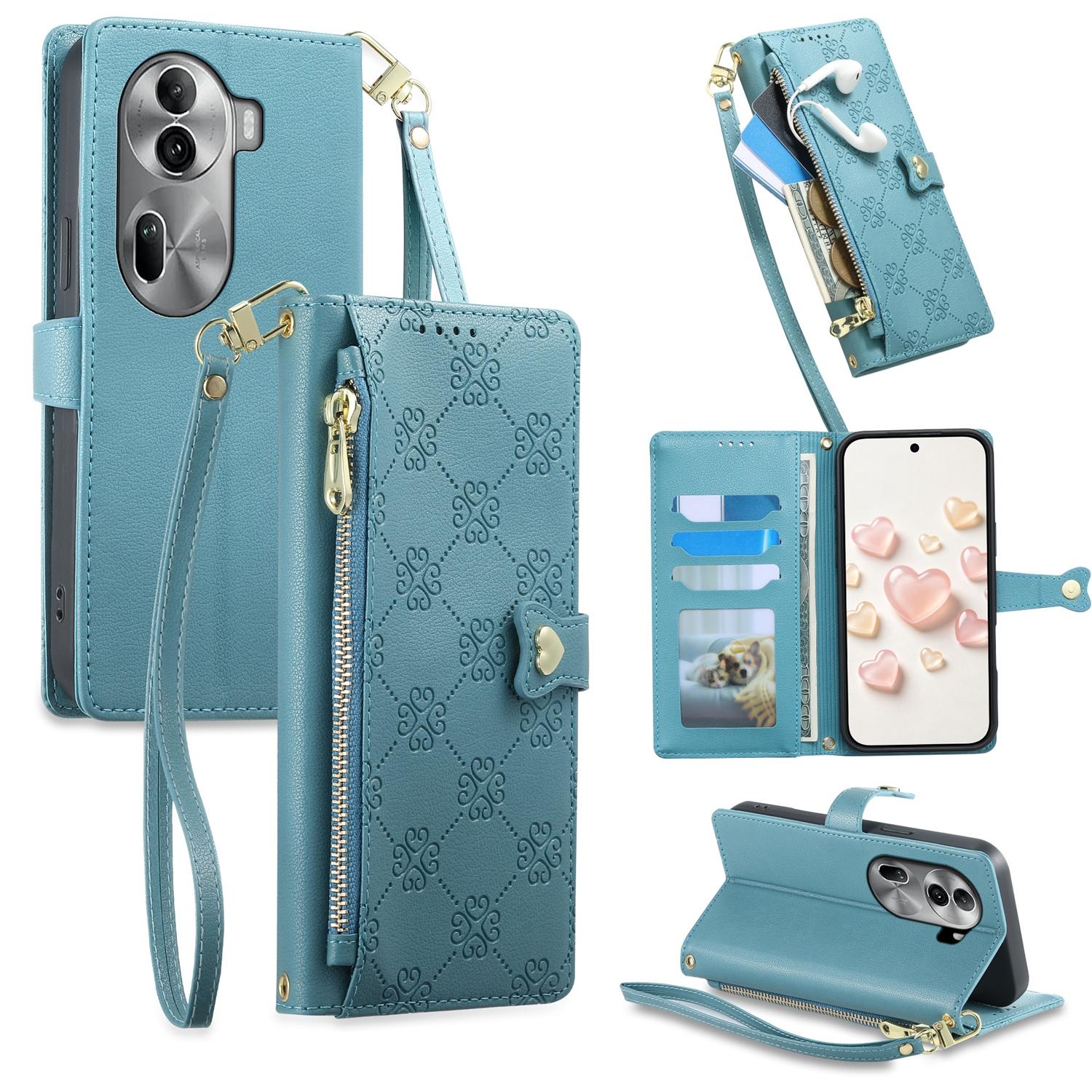 For OPPO Reno11 Pro Global Zipper Wallet Heart Buckle Vegan Leather Phone Case with Wrist Strap(Lake Blue) - Shopkiz.com
