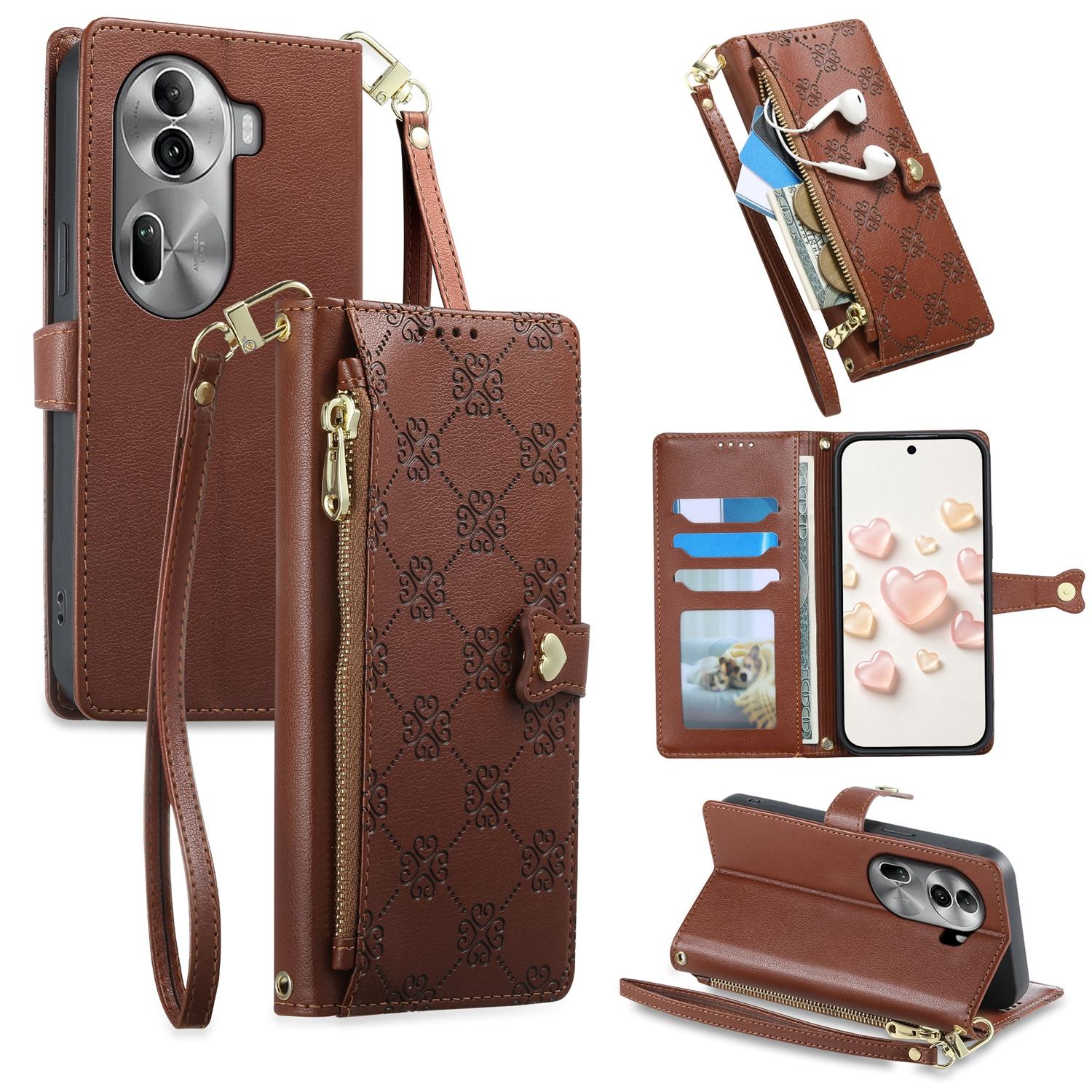 For OPPO Reno11 Pro Global Zipper Wallet Heart Buckle Vegan Leather Phone Case with Wrist Strap(Brown) - Shopkiz.com