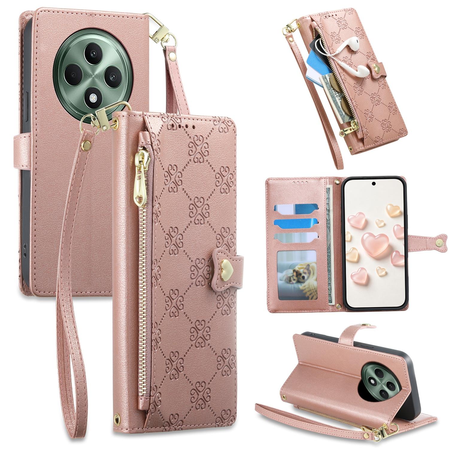 For OPPO Reno12 F 4G / 5G / OPPO F27 Zipper Wallet Heart Buckle Vegan Leather Phone Case with Wrist Strap(Pink) - Shopkiz.com