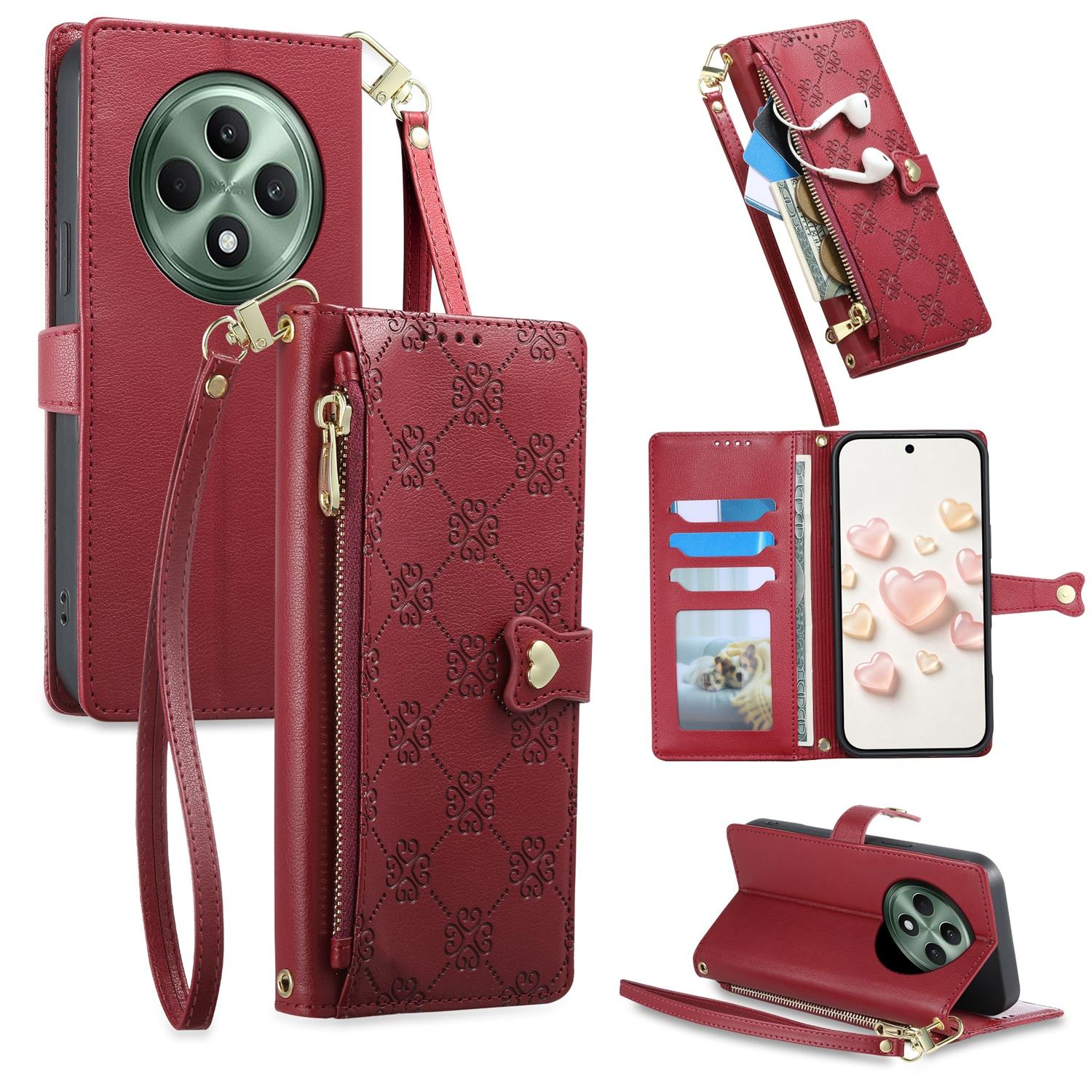 For OPPO Reno12 F 4G / 5G / OPPO F27 Zipper Wallet Heart Buckle Vegan Leather Phone Case with Wrist Strap(Red) - Shopkiz.com