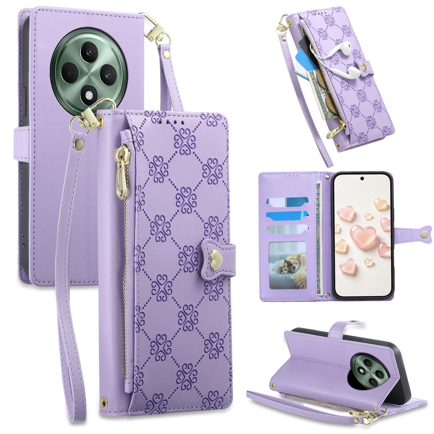 For OPPO Reno12 F 4G / 5G / OPPO F27 Zipper Wallet Heart Buckle Vegan Leather Phone Case with Wrist Strap(Purple) - Shopkiz.com
