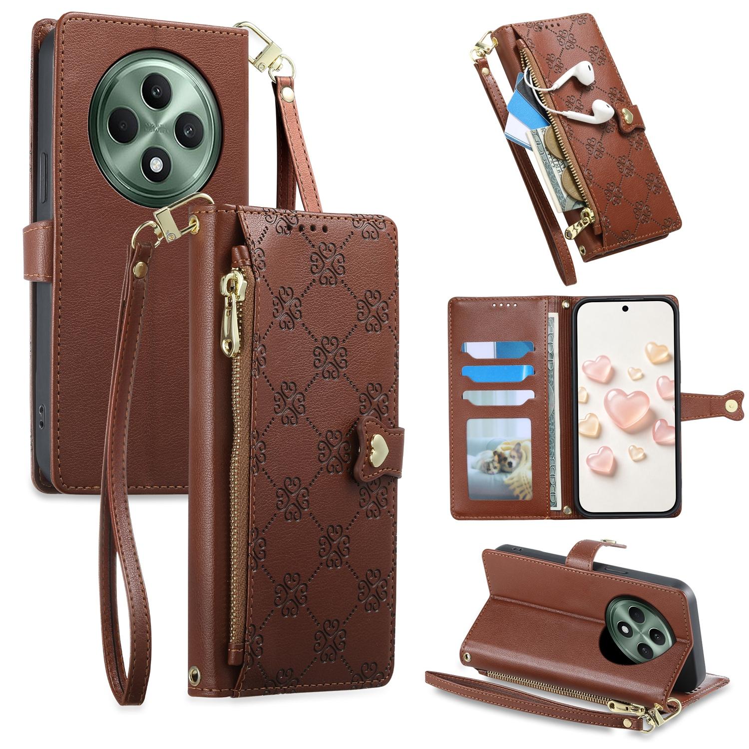 For OPPO Reno12 F 4G / 5G / OPPO F27 Zipper Wallet Heart Buckle Vegan Leather Phone Case with Wrist Strap(Brown) - Shopkiz.com