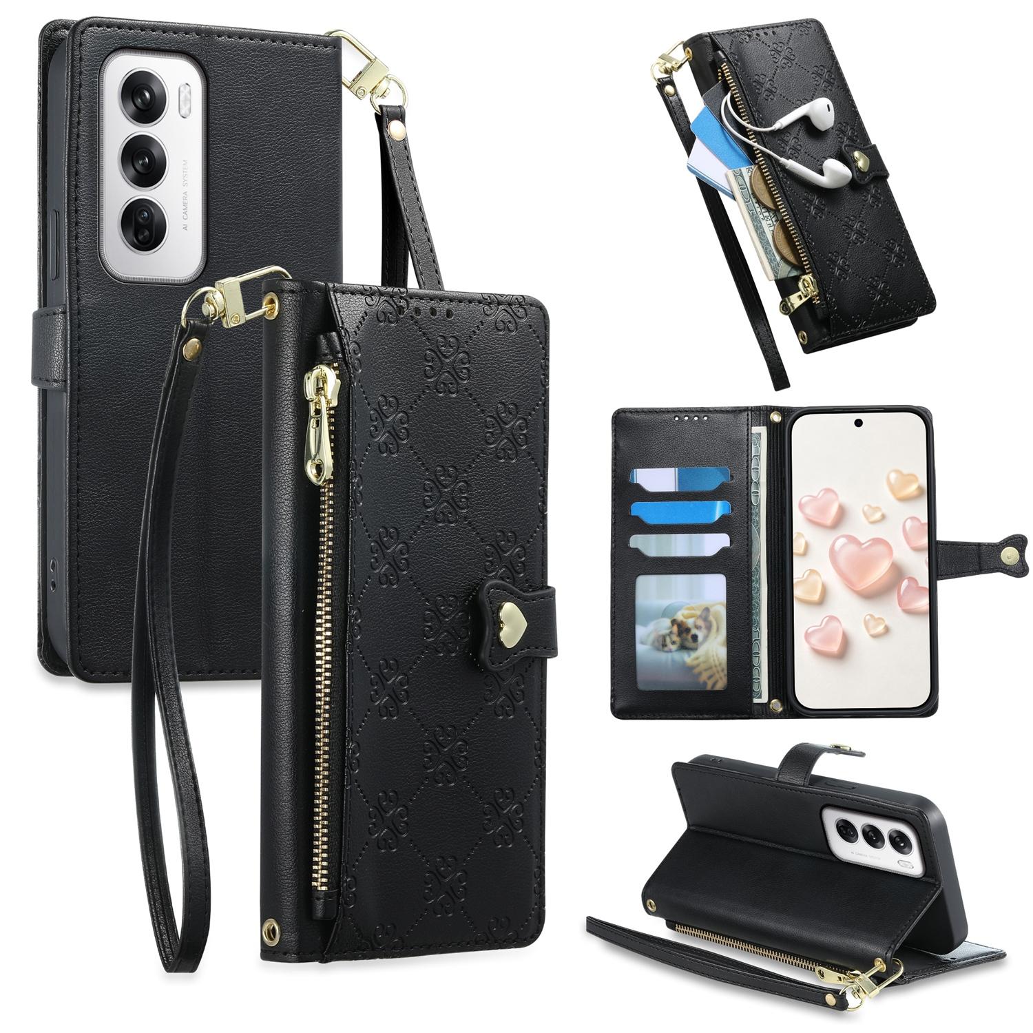 For OPPO Reno12 Global Zipper Wallet Heart Buckle Vegan Leather Phone Case with Wrist Strap(Black) - Shopkiz.com