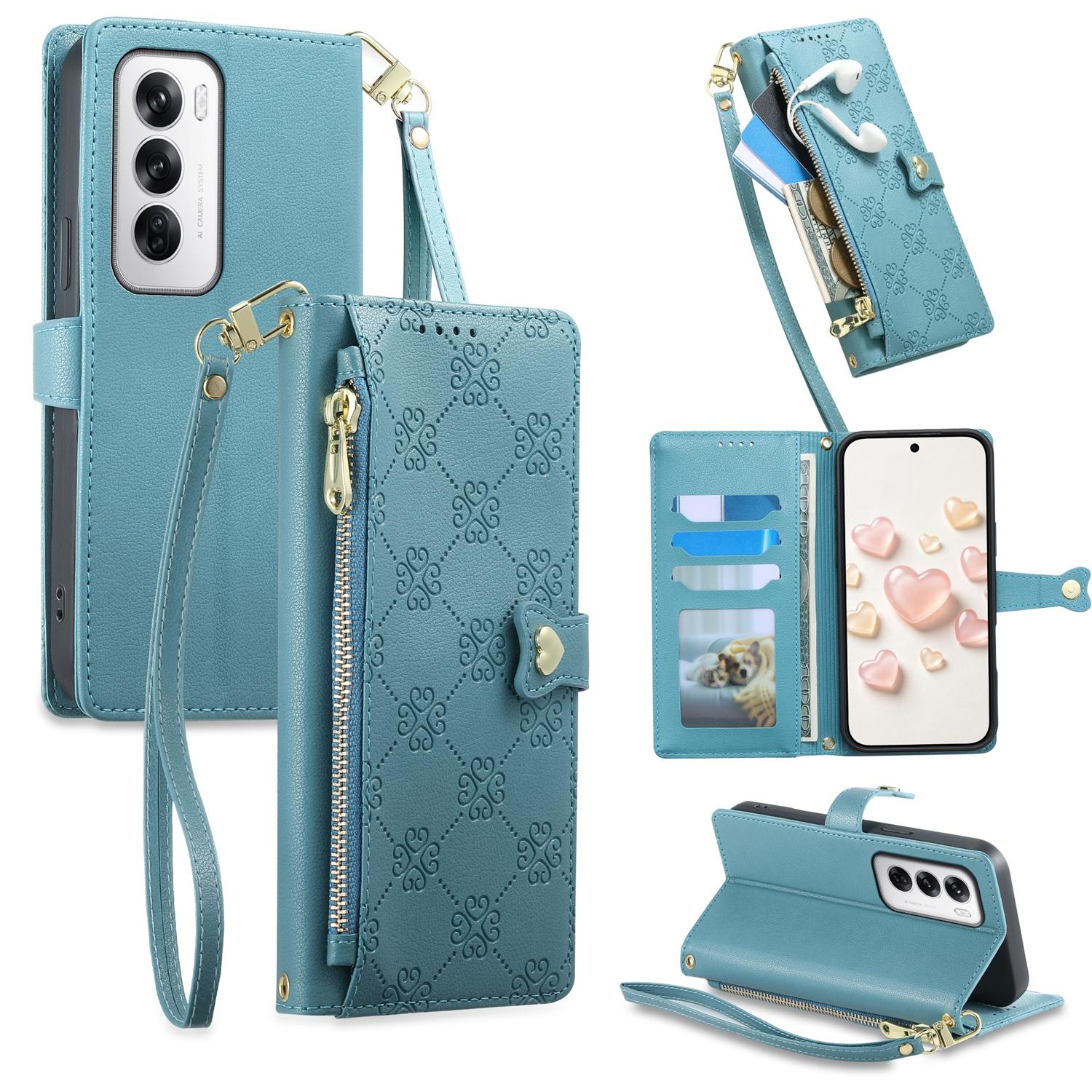 For OPPO Reno12 Global Zipper Wallet Heart Buckle Vegan Leather Phone Case with Wrist Strap(Lake Blue) - Shopkiz.com