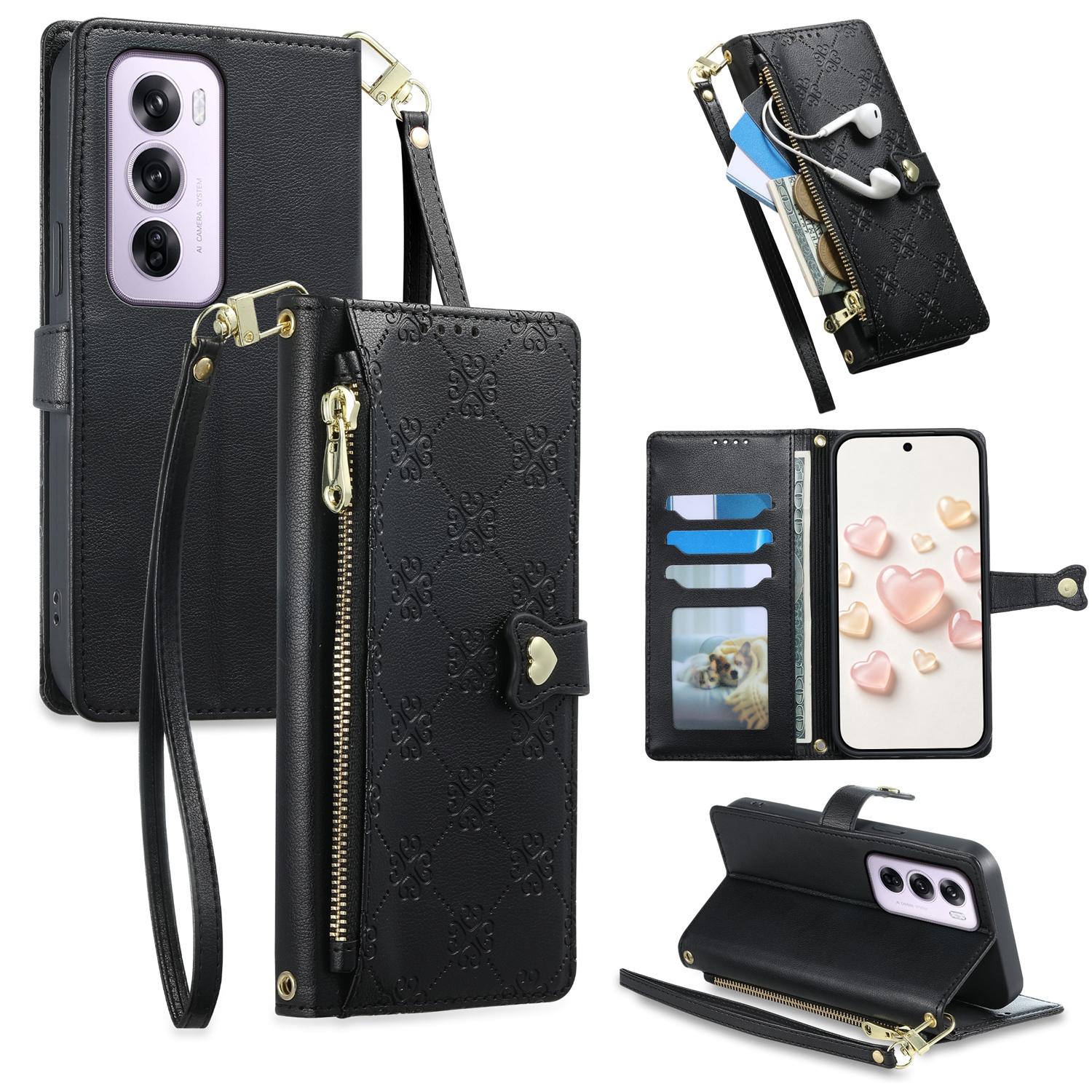 For OPPO Reno12 Pro Global Zipper Wallet Heart Buckle Vegan Leather Phone Case with Wrist Strap(Black) - Shopkiz.com